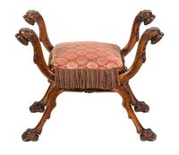 A Renaissance Revival Walnut X-Frame Stool Width 20 inches. — LATE 19TH CENTURY