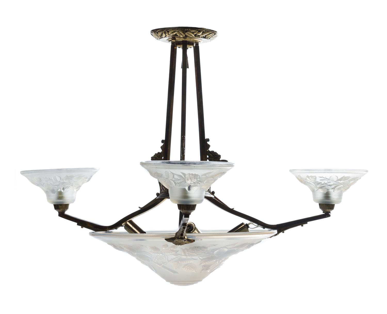 A French Art Deco Brass and Opalescent Glass Chandelier, Maynadier Width 23 inches. — CIRCA 1930