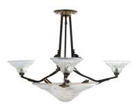 A French Art Deco Brass and Opalescent Glass Chandelier, Maynadier Width 23 inches. — CIRCA 1930