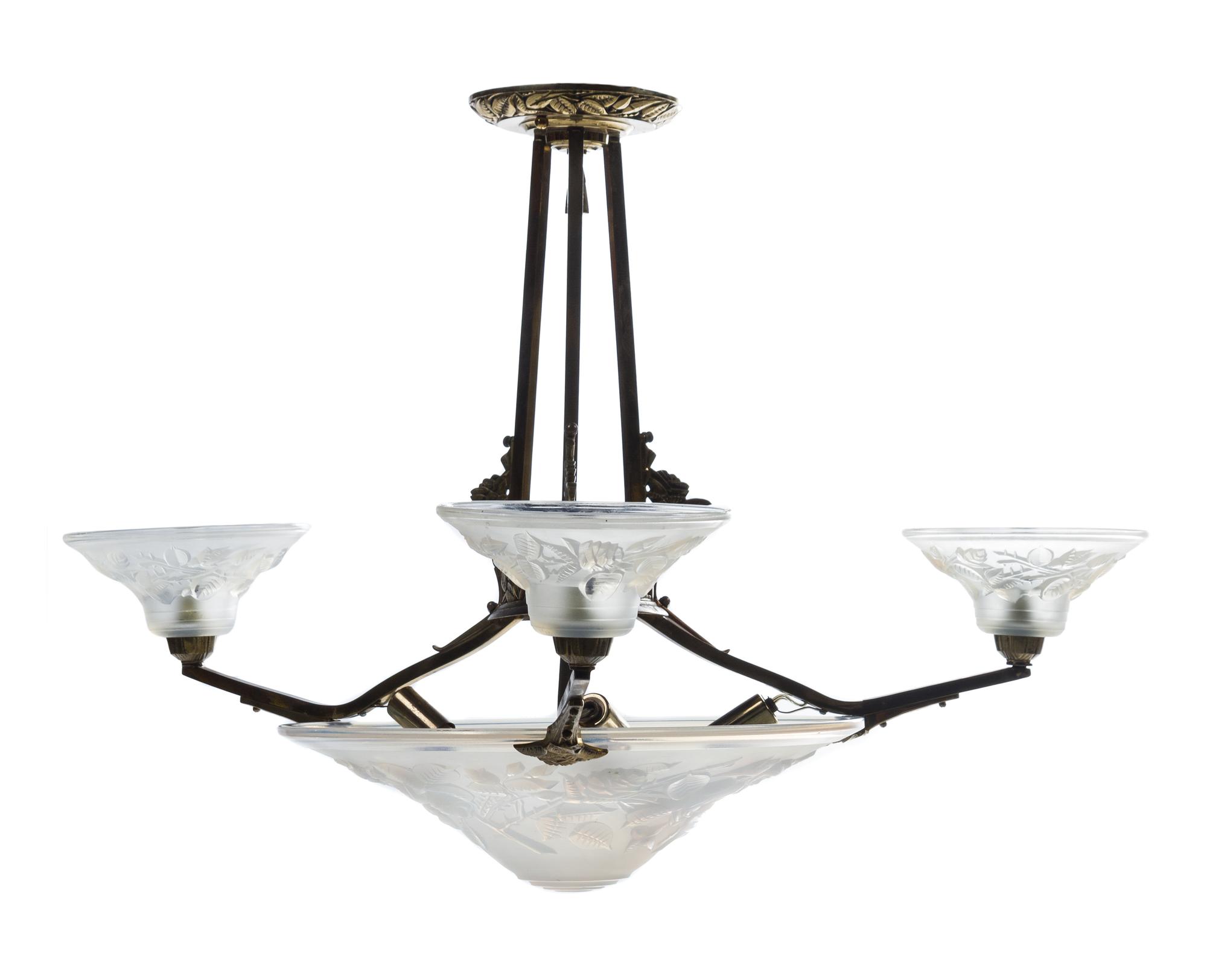 A French Art Deco Brass and Opalescent Glass Chandelier, Maynadier Width 23 inches. — CIRCA 1930