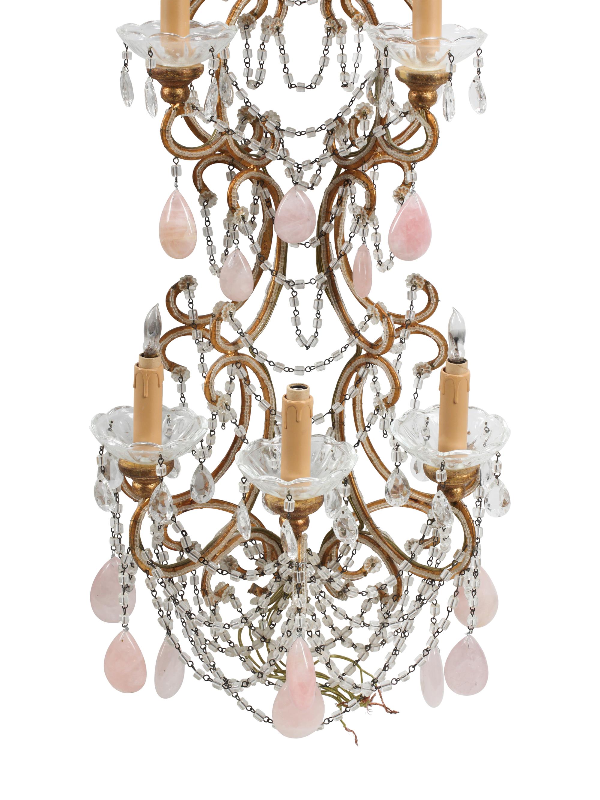 A Pair of Large Italian Neoclassical Style Cut Glass and Rose Quartz Six-Light Sconces