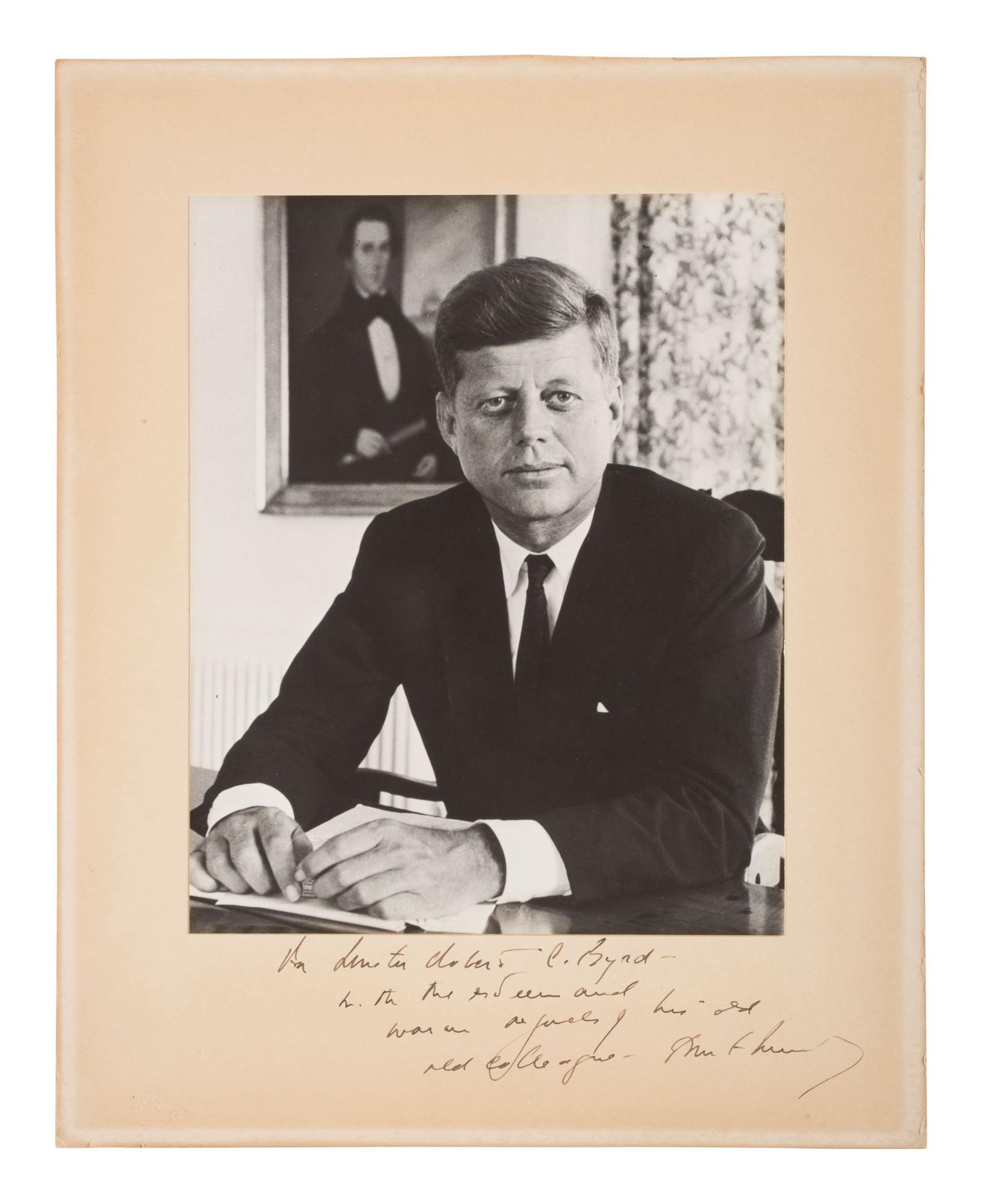 KENNEDY, John F. (1917-1963). Eisenstaedt, Alfred (1898-1995), photographer. Photograph signed ("John F. Kennedy") as President and inscribed in the margin to West Virginia Senator Robert C. Byrd (1917-2010). N.p., n.d. [ca 1961-63].