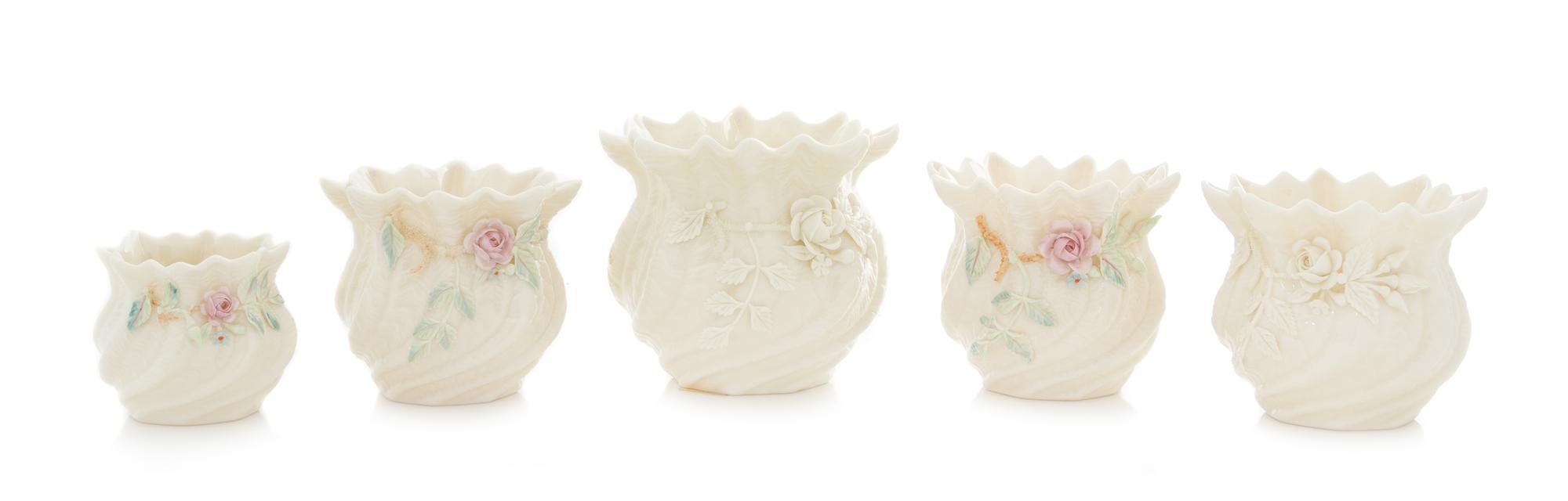 Five Belleek Vases Height of tallest 4 1/4 inches. — SIXTH GREEN MARK (1965-1980)