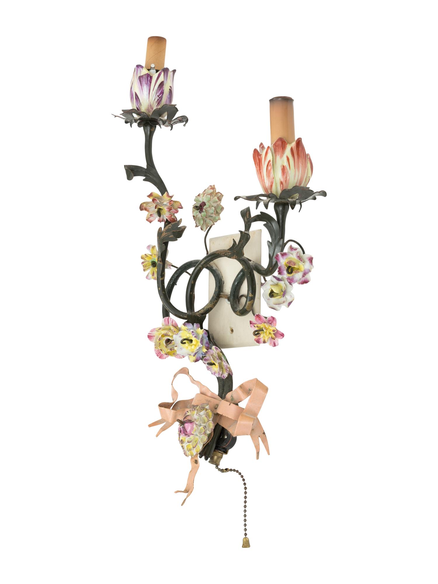 A Pair of Italian Tole Peinte and Porcelain Two-Light Wall Sconces