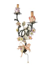 A Pair of Italian Tole Peinte and Porcelain Two-Light Wall Sconces