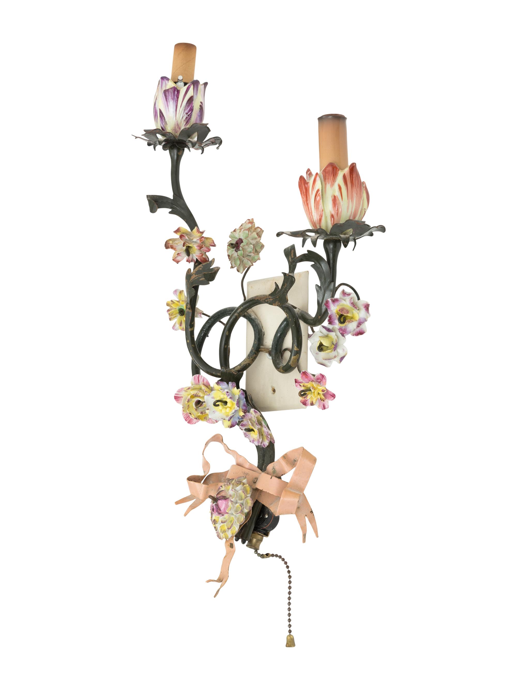 A Pair of Italian Tole Peinte and Porcelain Two-Light Wall Sconces