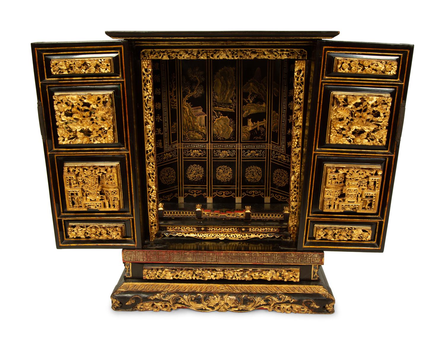 A Chinese Black and Gilt Lacquer Altar Shrine Cabinet — 20TH CENTURY