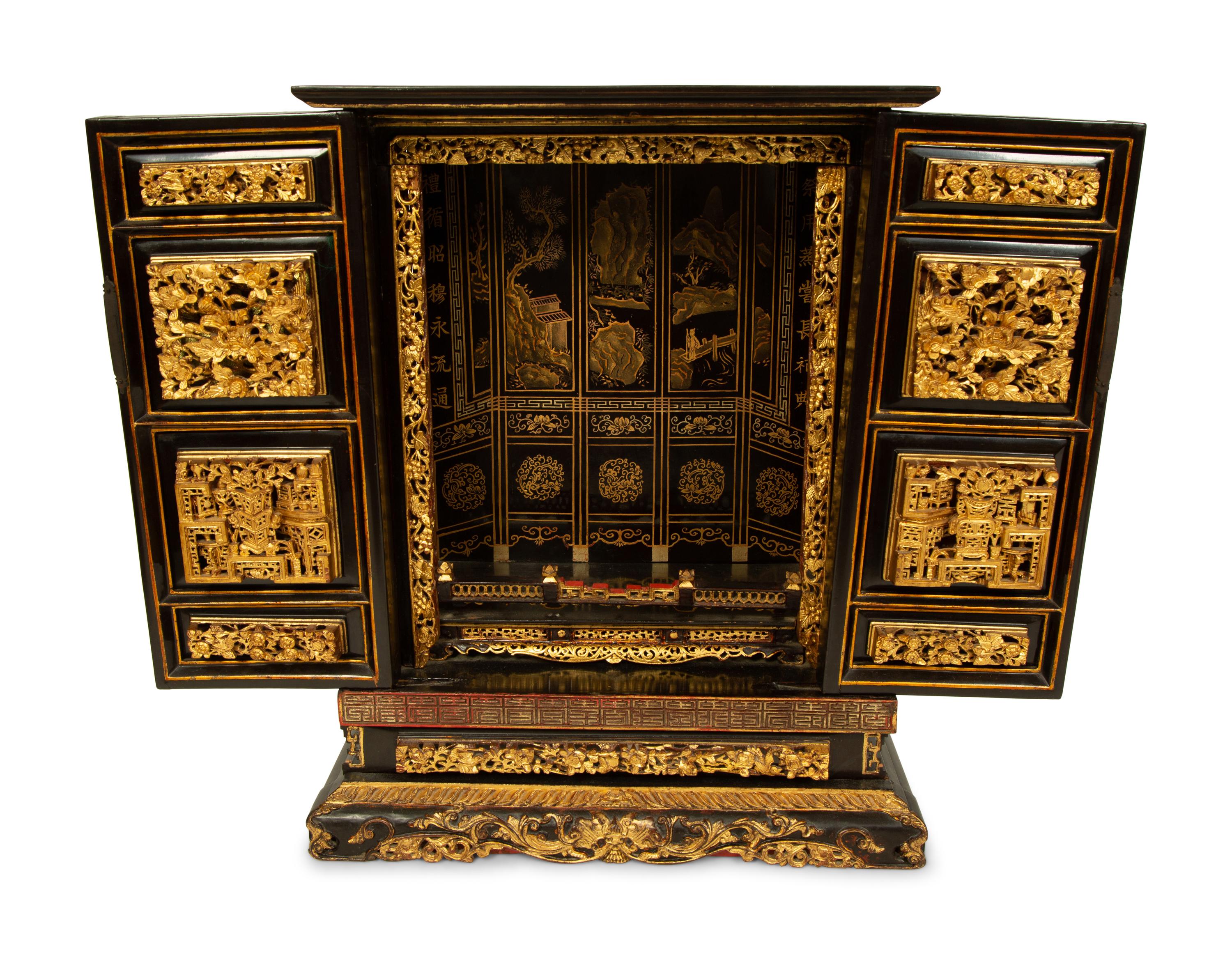 A Chinese Black and Gilt Lacquer Altar Shrine Cabinet — 20TH CENTURY
