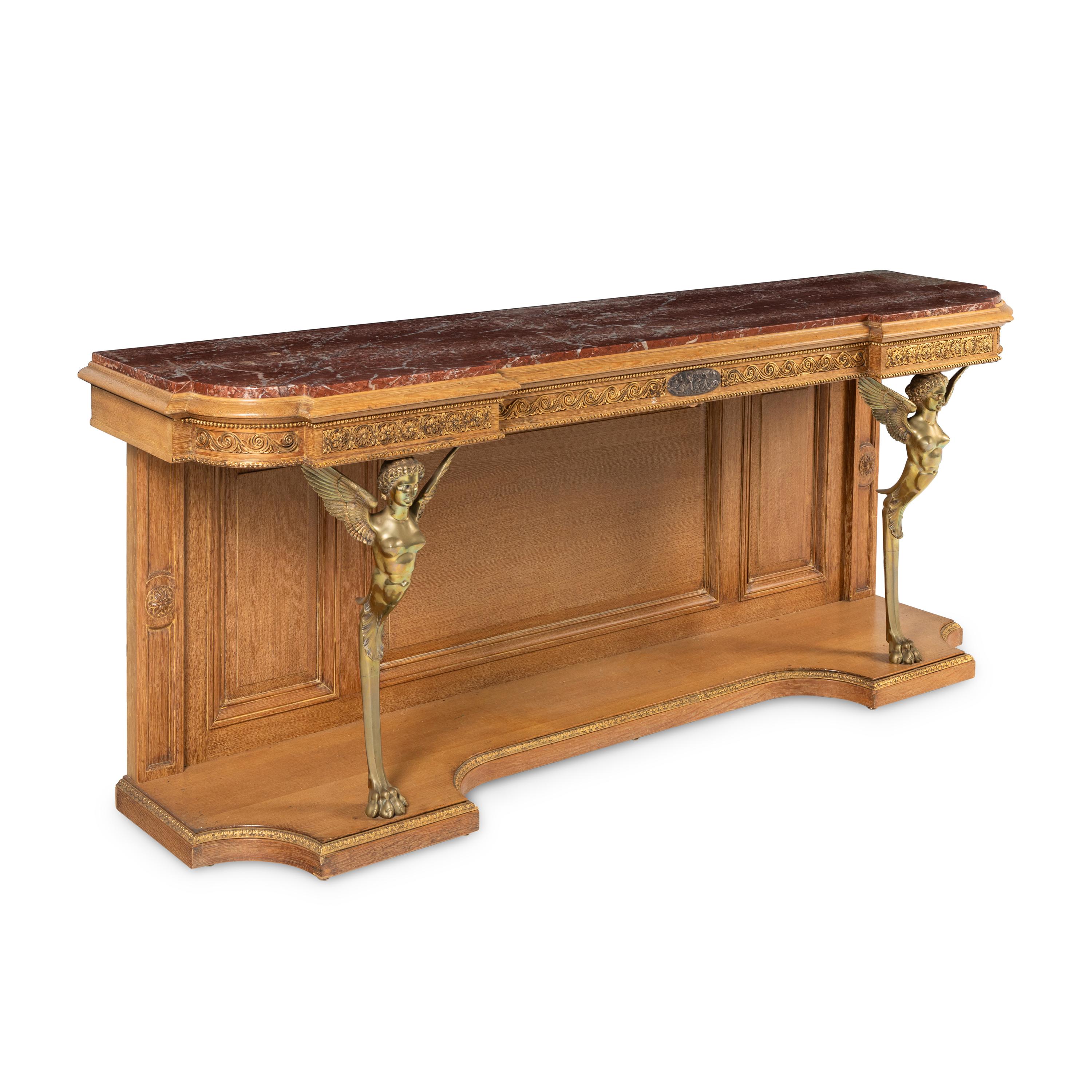 An Empire Style Gilt Bronze Mounted Oak and Rouge Marble-Top Console Desserte