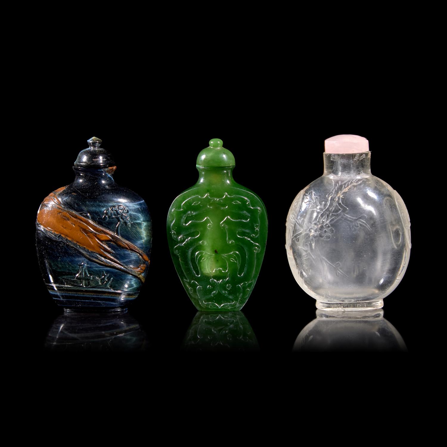 Three Chinese Carved Hardstone Snuff Bottles 粉晶、碧玉、貓眼石鼻烟壶各一
