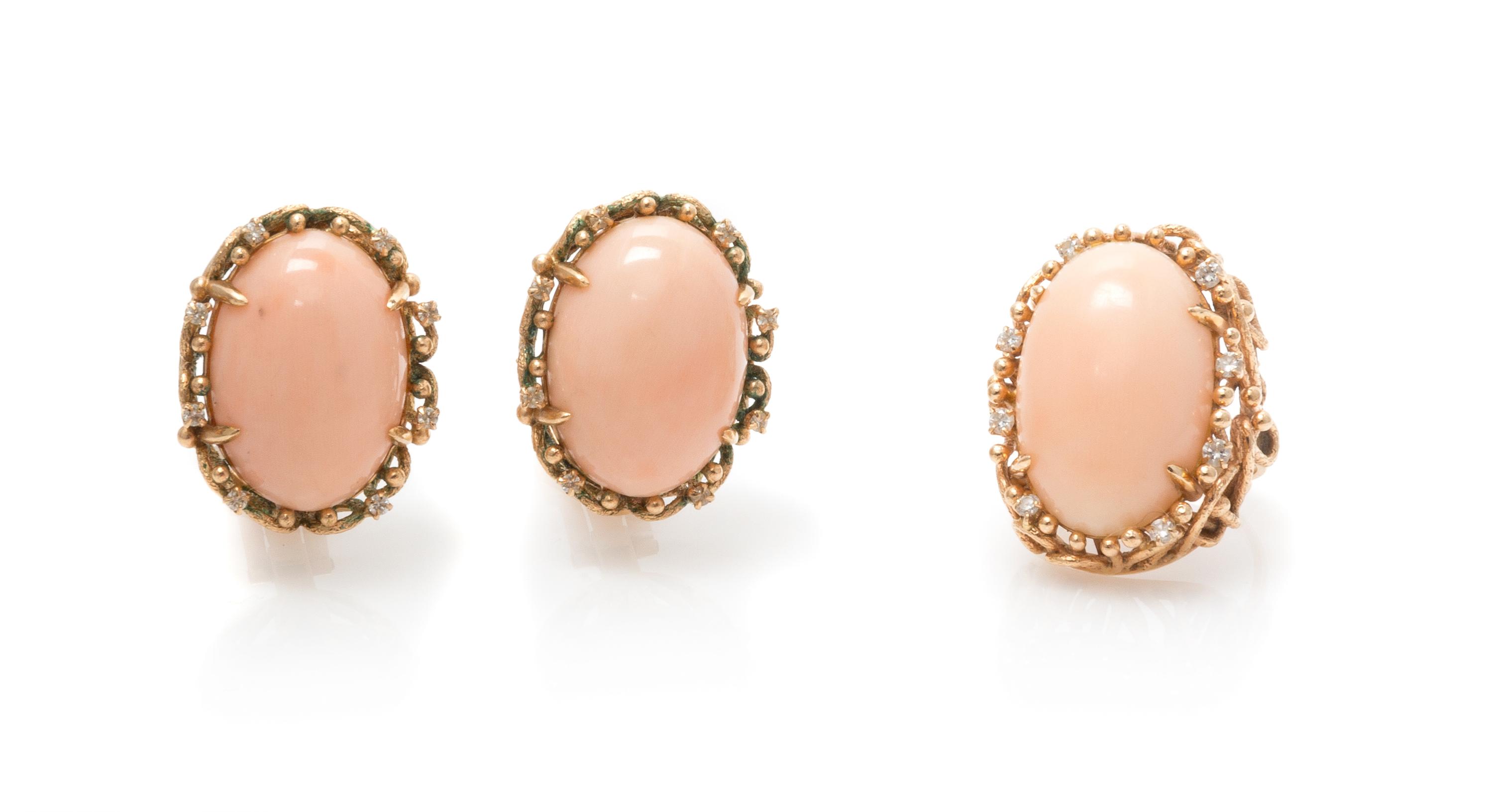 A Rose Gold, Coral and Diamond Demi Parure, 24.90 dwts.