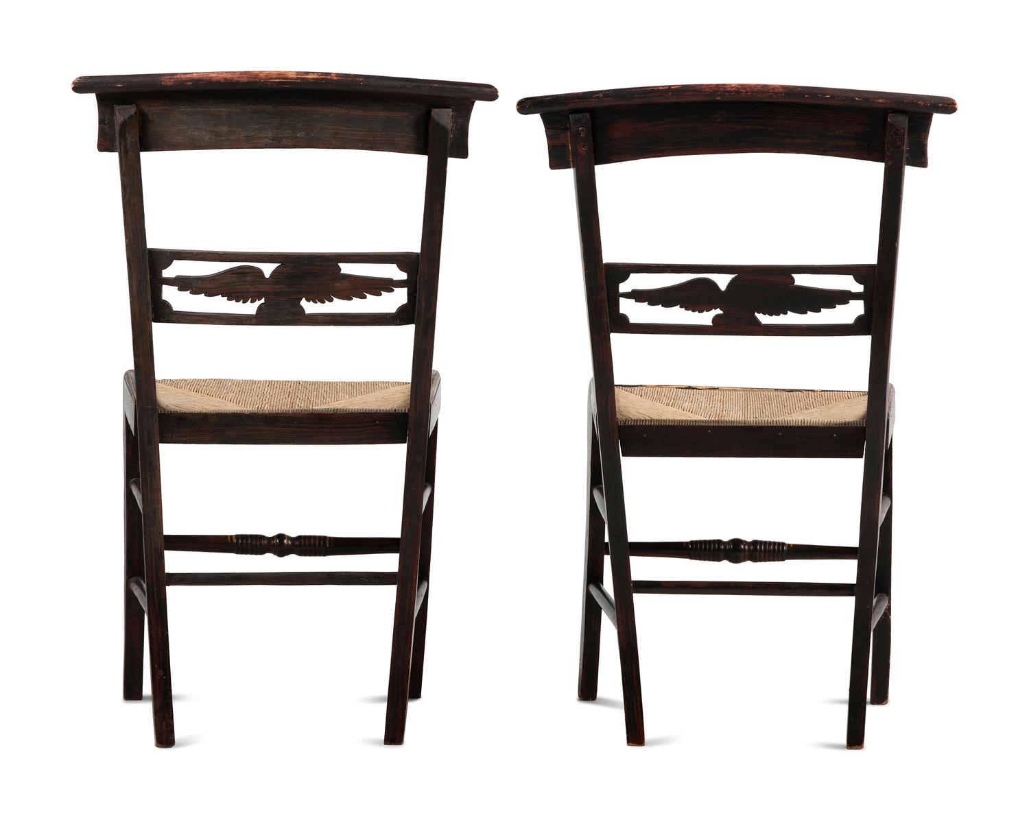 A Pair of Classical Eagle Carved and Grain Paint Decorated Rush Seat Side Chairs