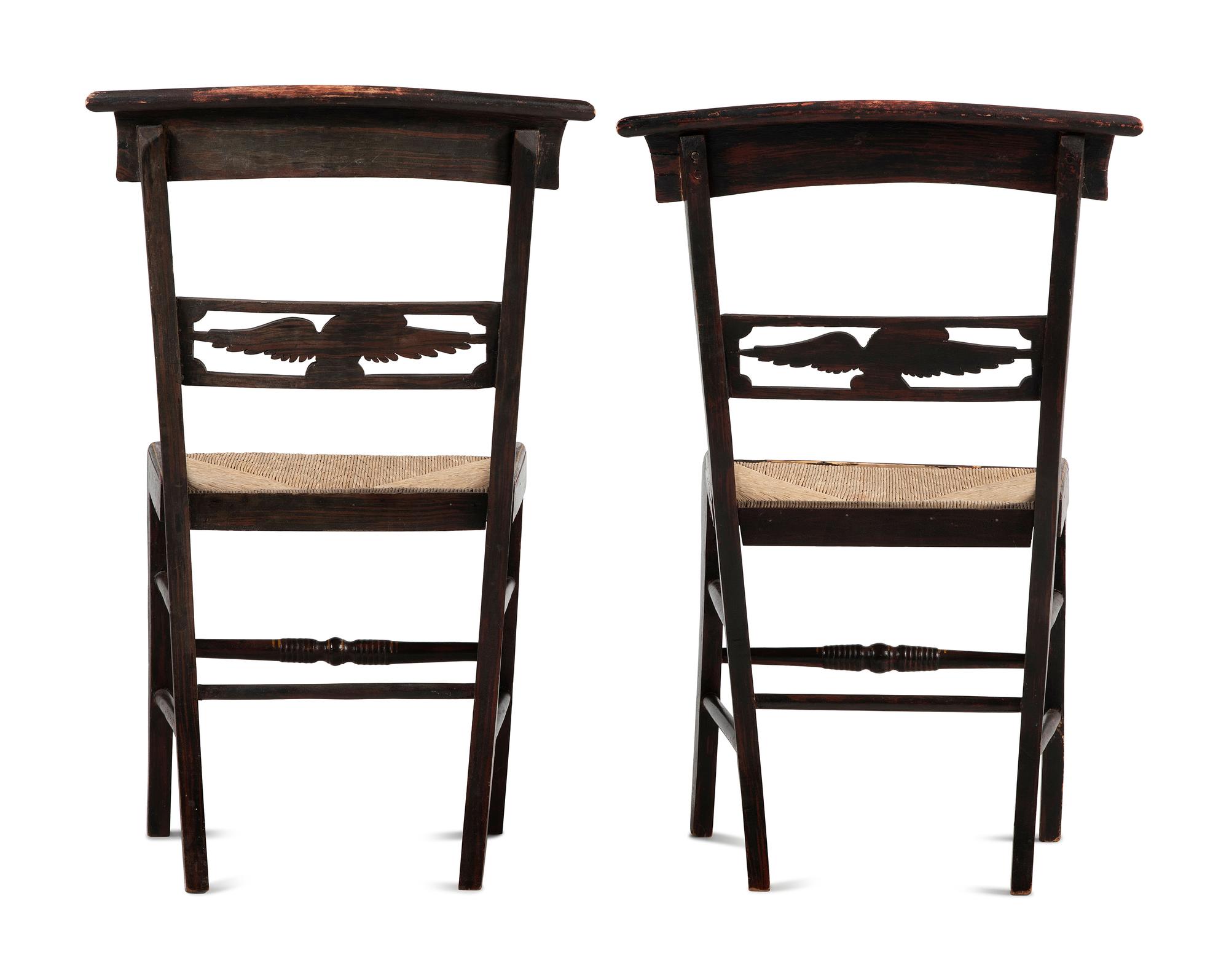 A Pair of Classical Eagle Carved and Grain Paint Decorated Rush Seat Side Chairs