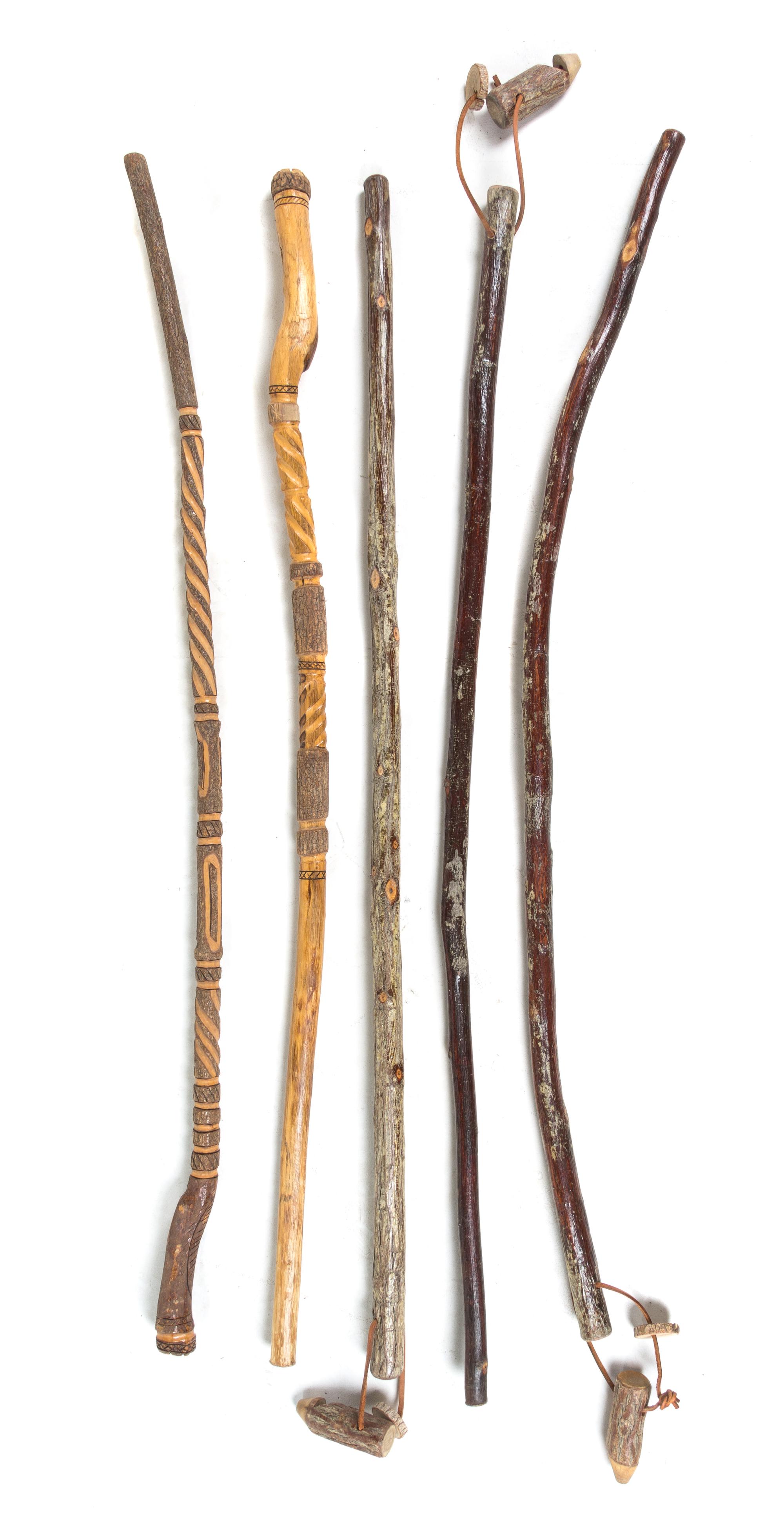 A Group of Five Walking Sticks Length of longest 54 inches.