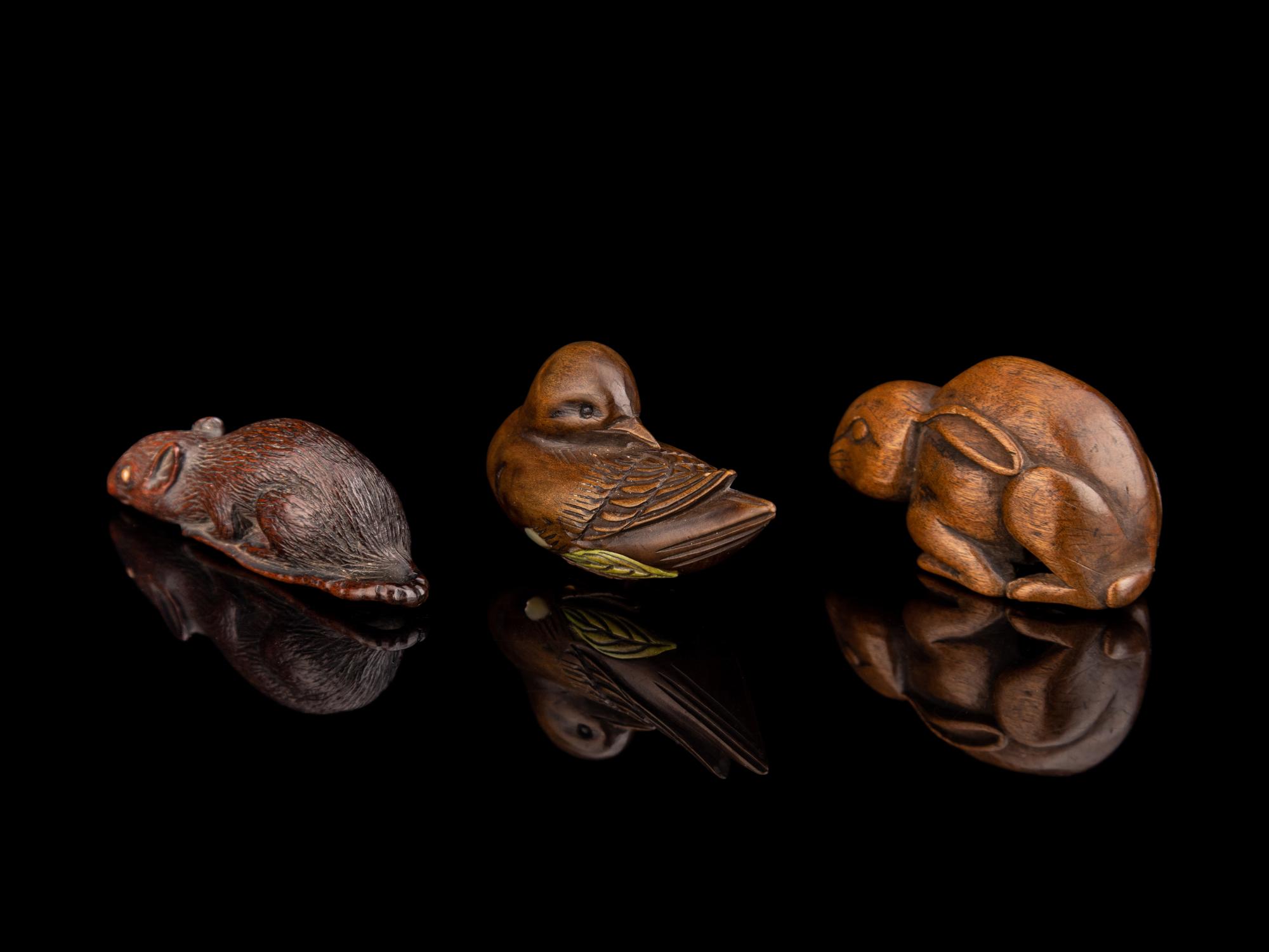 Three Japanese Carved Boxwood Netsuke