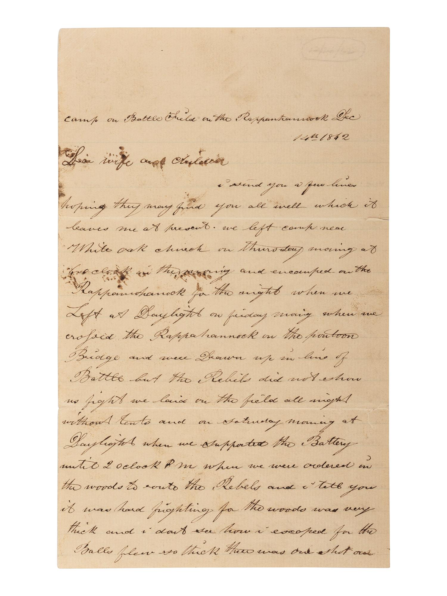 [CIVIL WAR]. Soldier's letter describing the Battle of Fredericksburg. "Camp on Battle Field on the Rappanhannock [sic]," 14 December 1862.