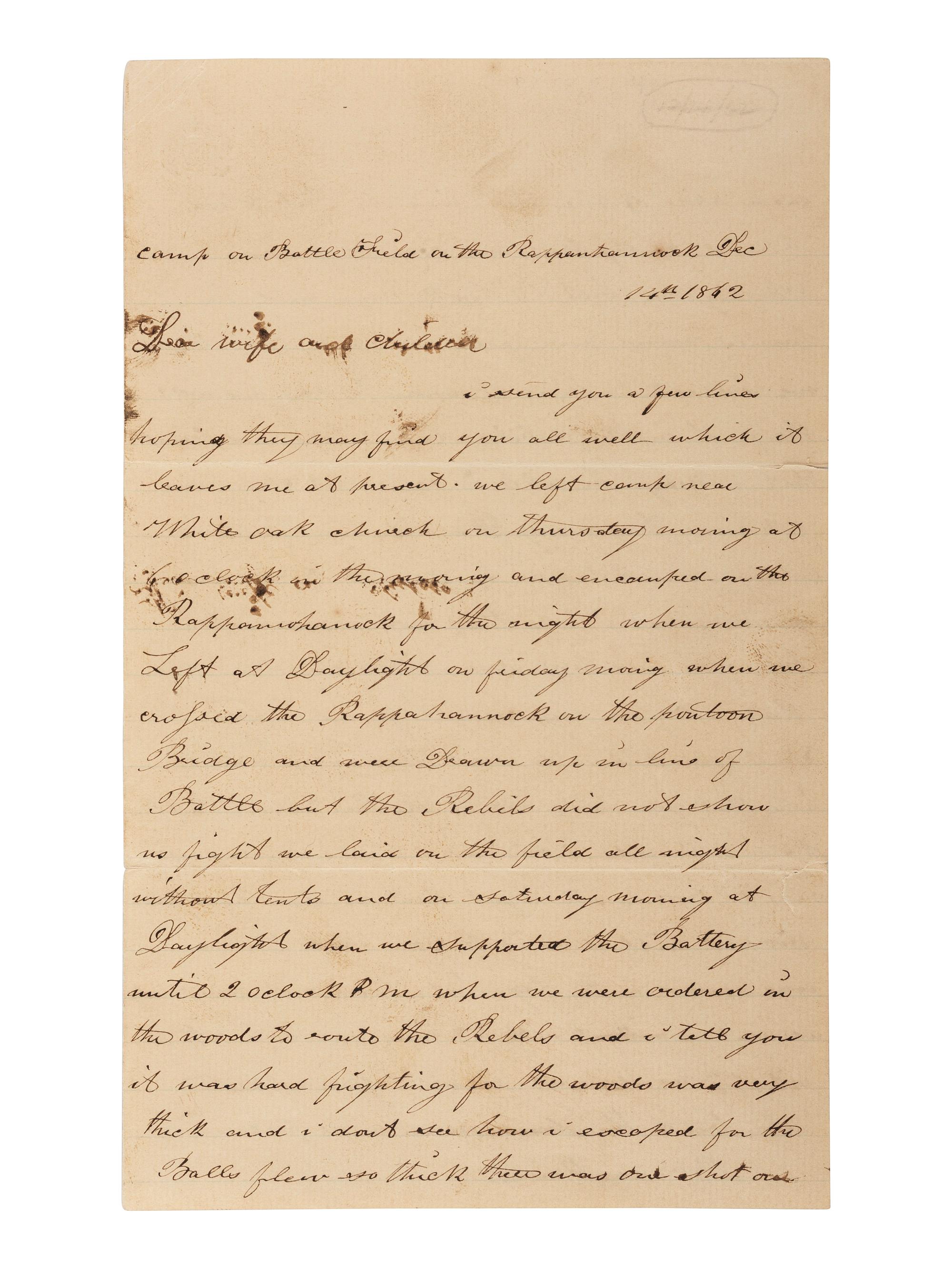 [CIVIL WAR]. Soldier's letter describing the Battle of Fredericksburg. "Camp on Battle Field on the Rappanhannock [sic]," 14 December 1862.