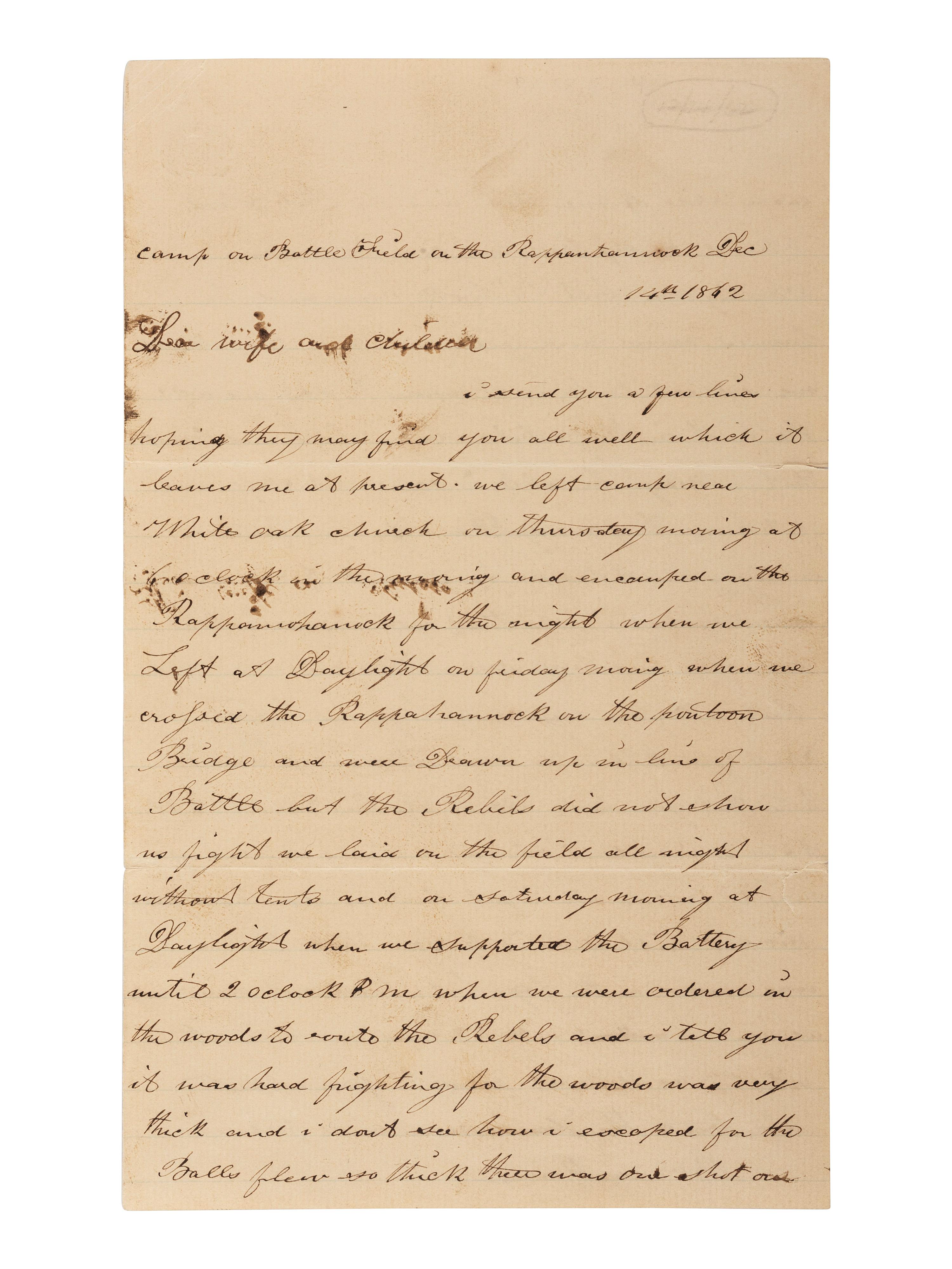 [CIVIL WAR]. Soldier's letter describing the Battle of Fredericksburg. "Camp on Battle Field on the Rappanhannock [sic]," 14 December 1862.
