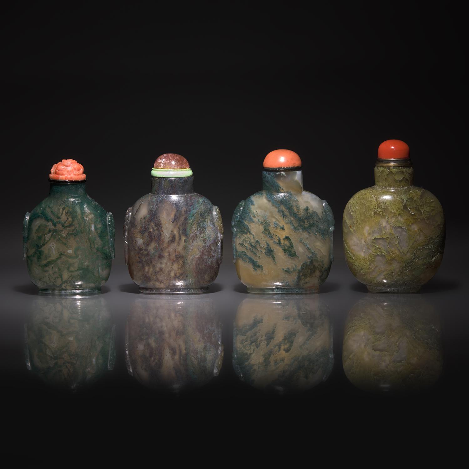 Four Chinese Moss Agate Snuff Bottles, 19th-20th Century — 清晚期 水槽瑪瑙鼻烟壺四支