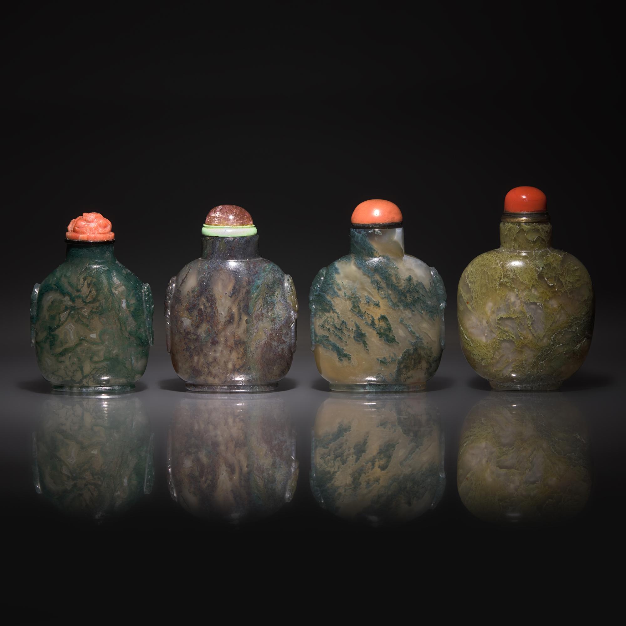 Four Chinese Moss Agate Snuff Bottles, 19th-20th Century — 清晚期 水槽瑪瑙鼻烟壺四支