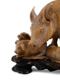 A Chinese Carved Soapstone Figure of Pig and Piglets