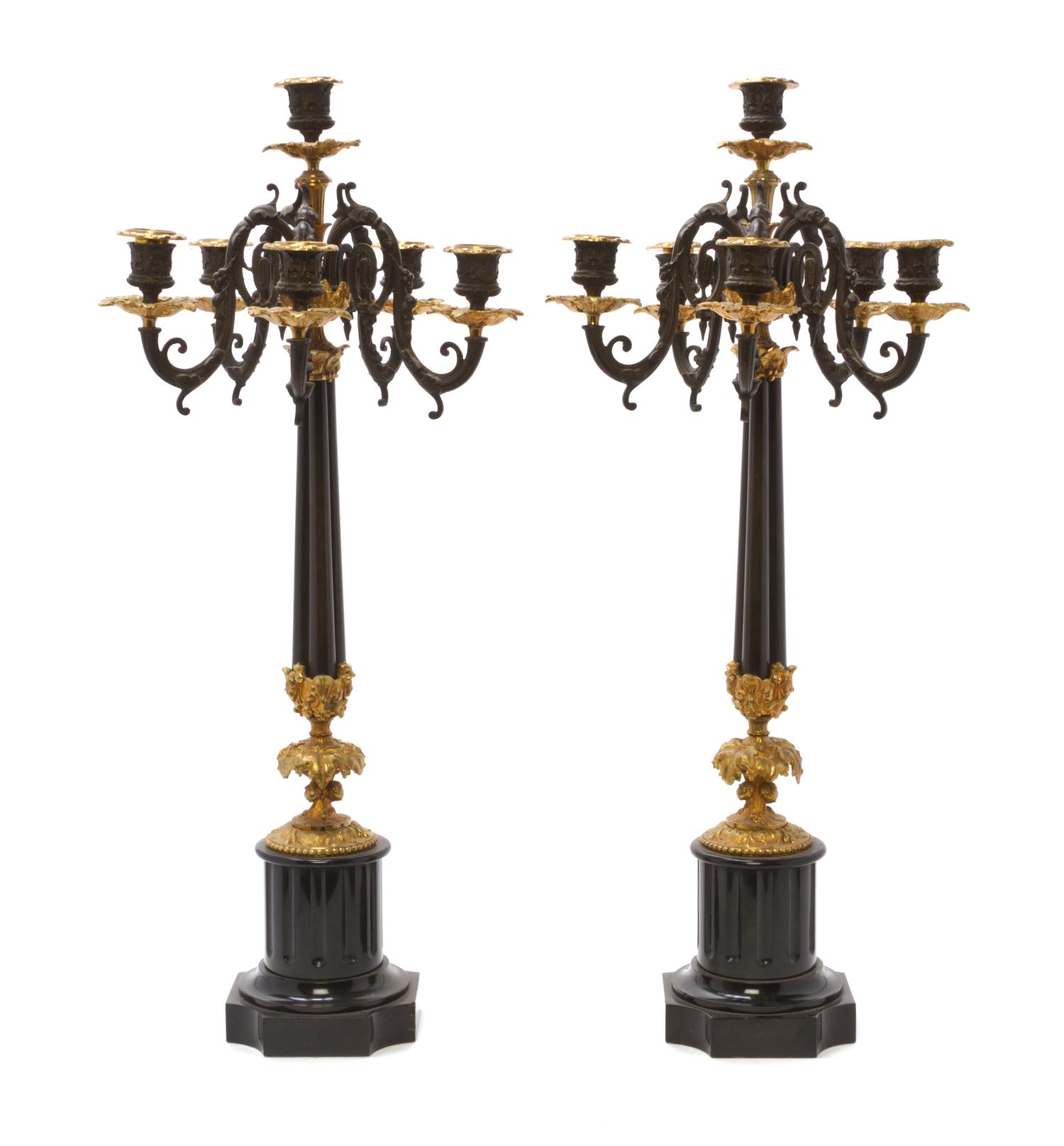A Pair of Gilt and Patinated Bronze Six-Light Candelabra, Height 26 1/2 inches.