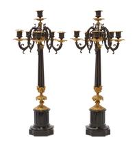 A Pair of Gilt and Patinated Bronze Six-Light Candelabra, Height 26 1/2 inches.