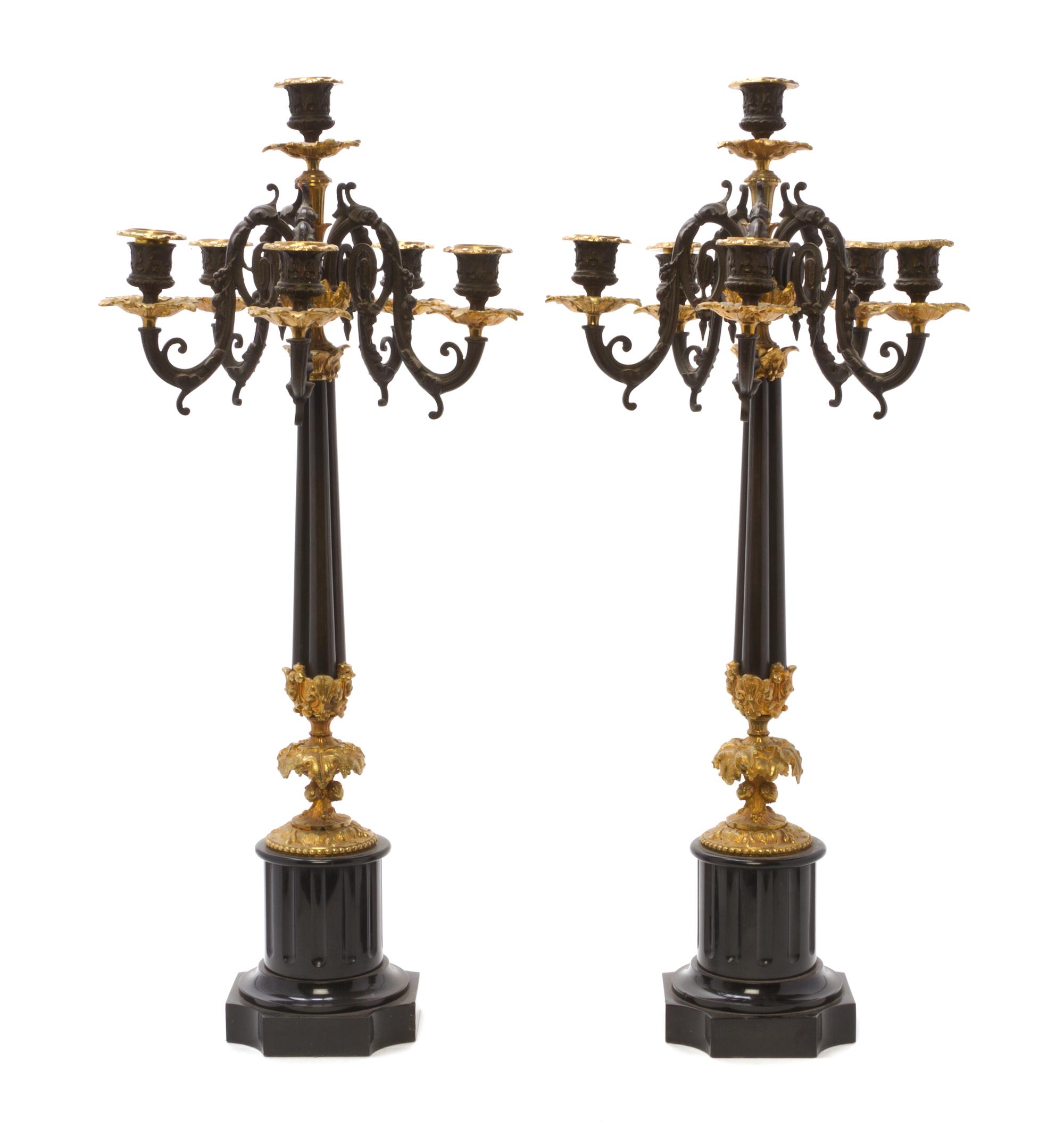 A Pair of Gilt and Patinated Bronze Six-Light Candelabra, Height 26 1/2 inches.