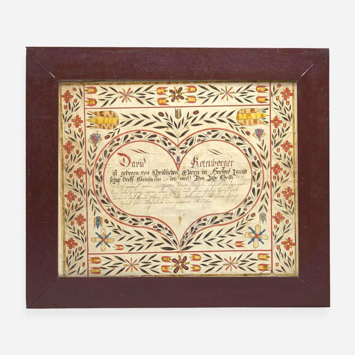 A Fraktur birth & baptism record for David Korenborger Berks County, PA, dated "1813"