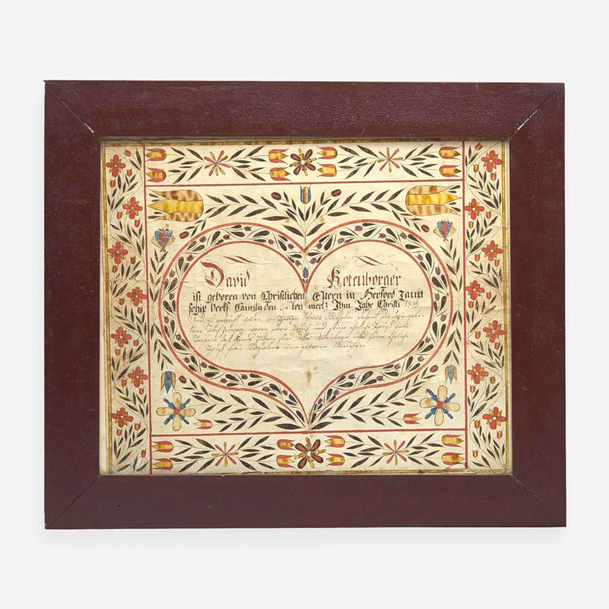 A Fraktur birth & baptism record for David Korenborger Berks County, PA, dated "1813"