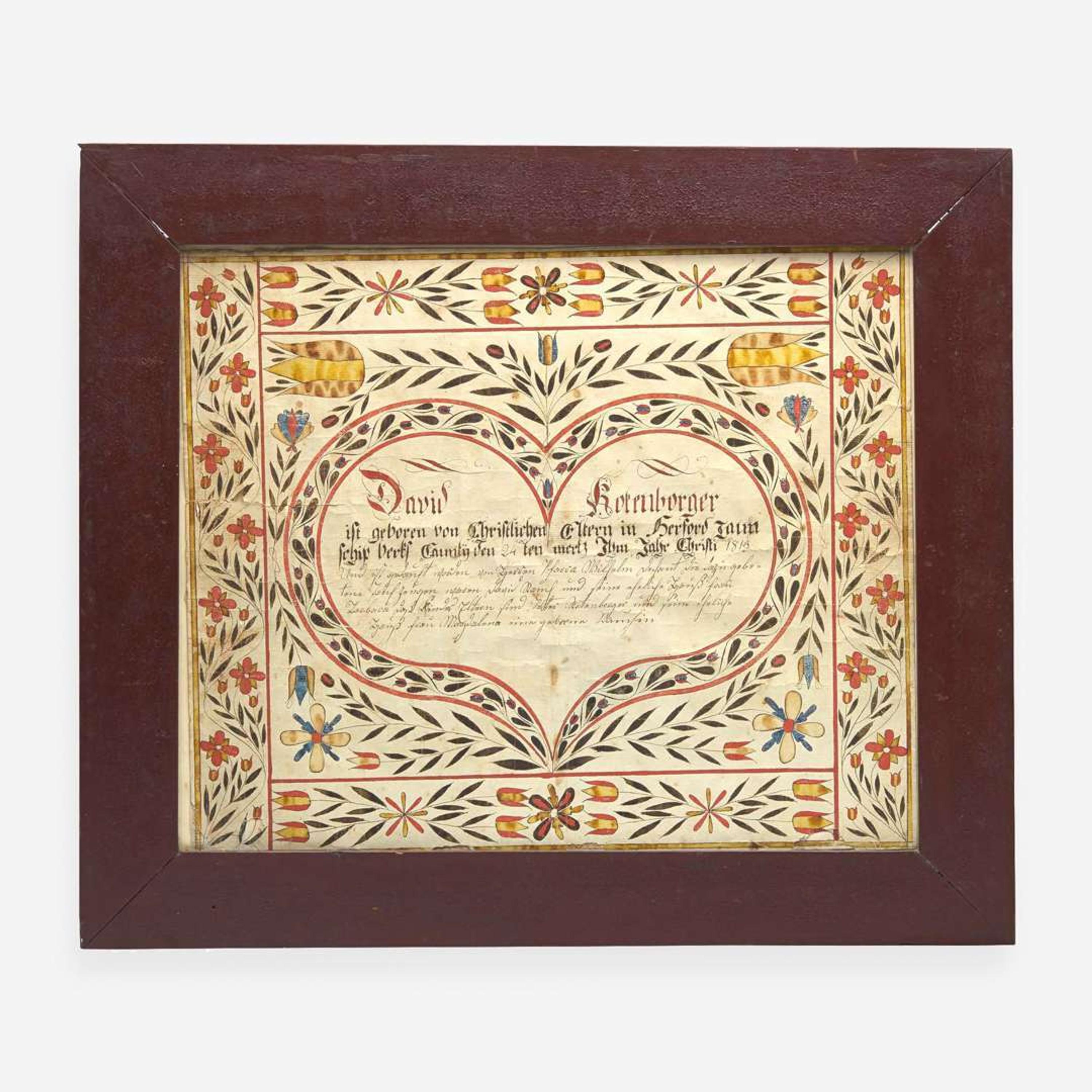 A Fraktur birth & baptism record for David Korenborger Berks County, PA, dated "1813"