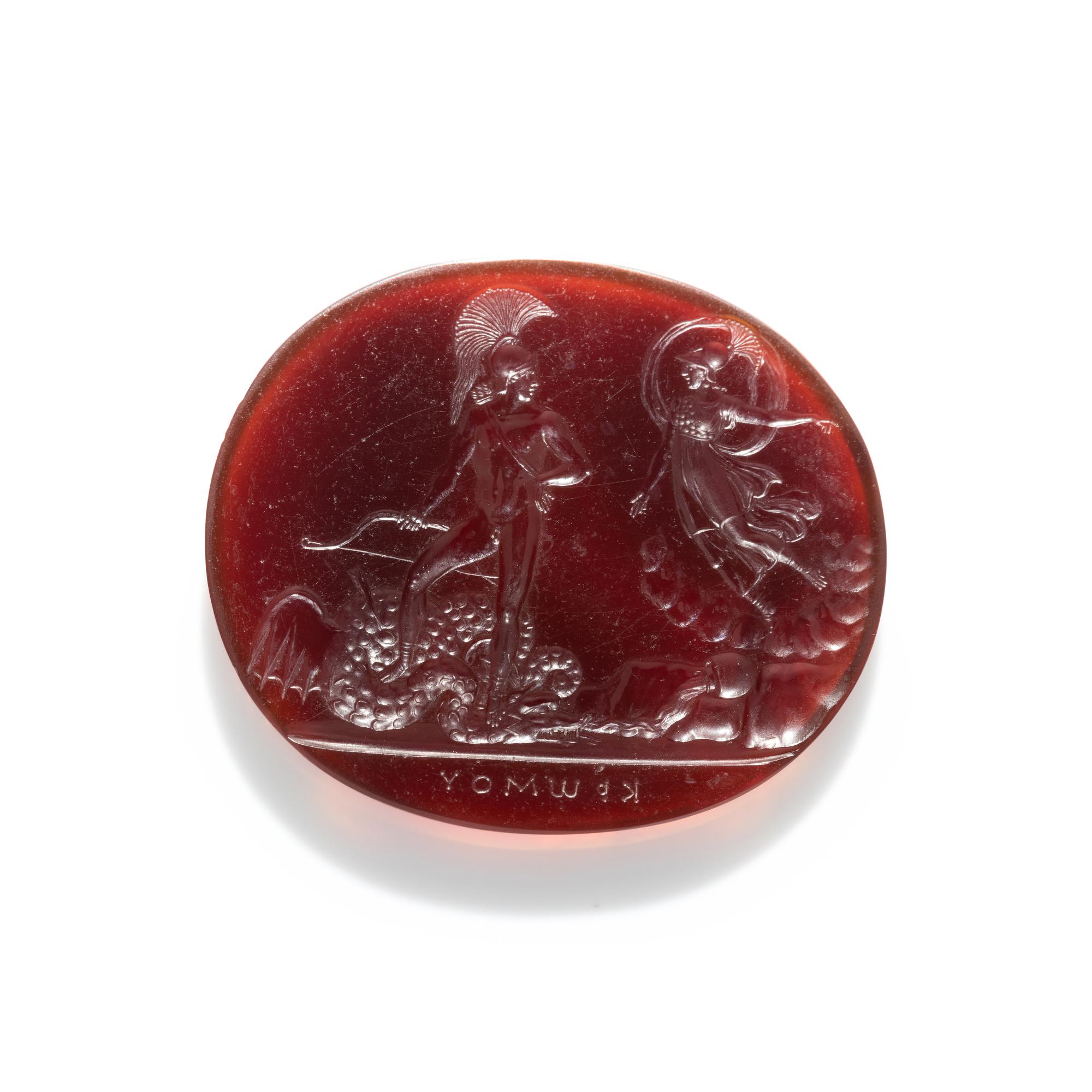 A Neoclassical Carnelian Intaglio with Minerva and Cadmus Sowing the Dragon's Teeth