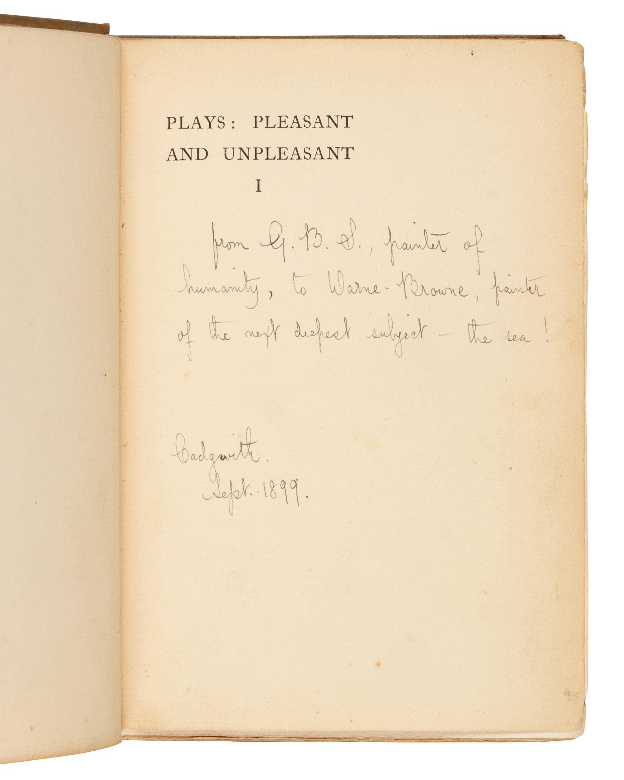 SHAW, George Bernard (1856-1950). Plays: Pleasant and Unpleasant . London: Grant Richards, 1898.