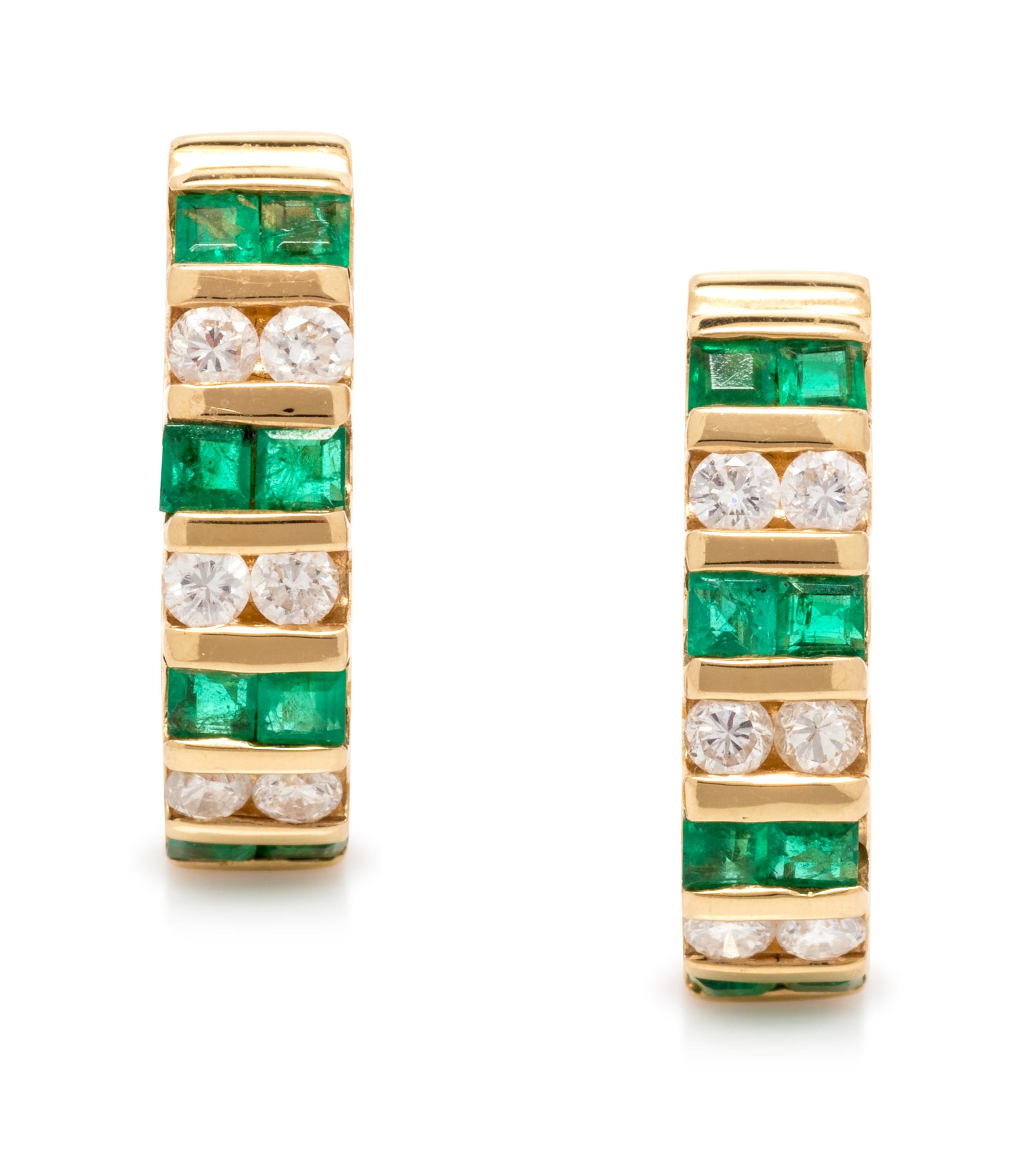 A Pair of 18 Karat Yellow Gold, Emerald and Diamond Earclips,