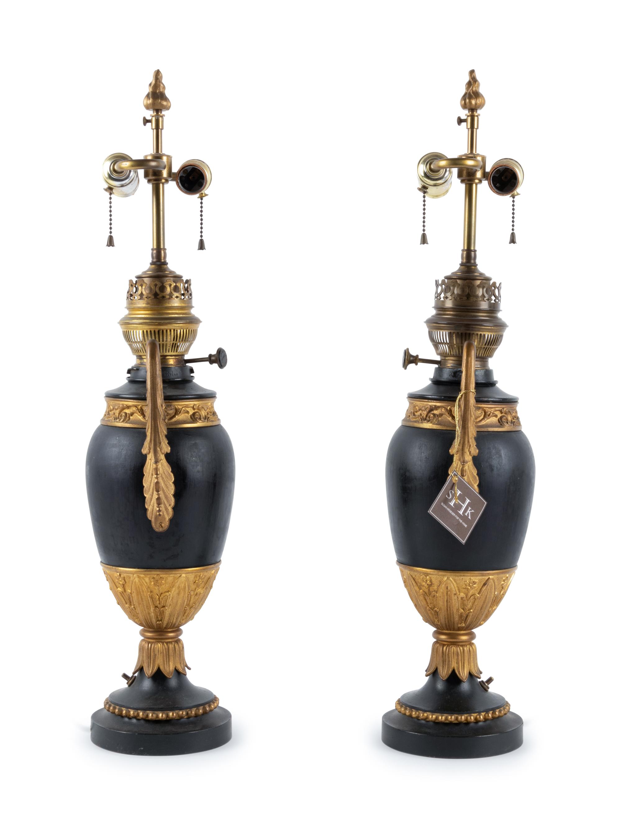 A Pair of Continental Neoclassical Style Urn-Form Electrified Oil Lamps