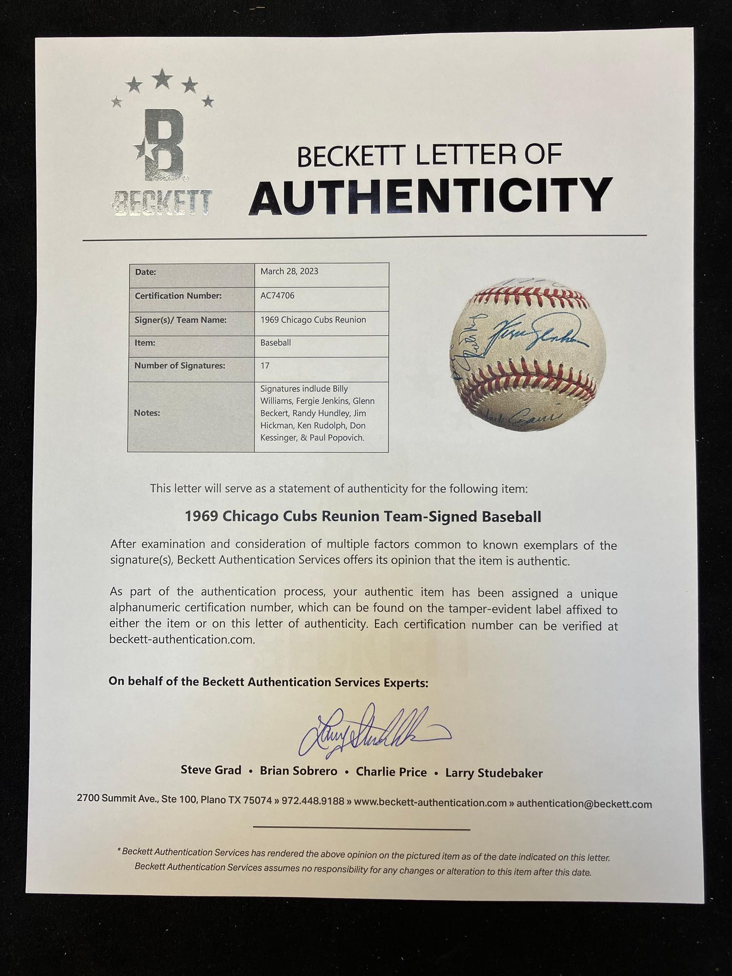 A 1969 Chicago Cubs Team Signed Autograph Baseball (Beckett Authentication Services Letter),