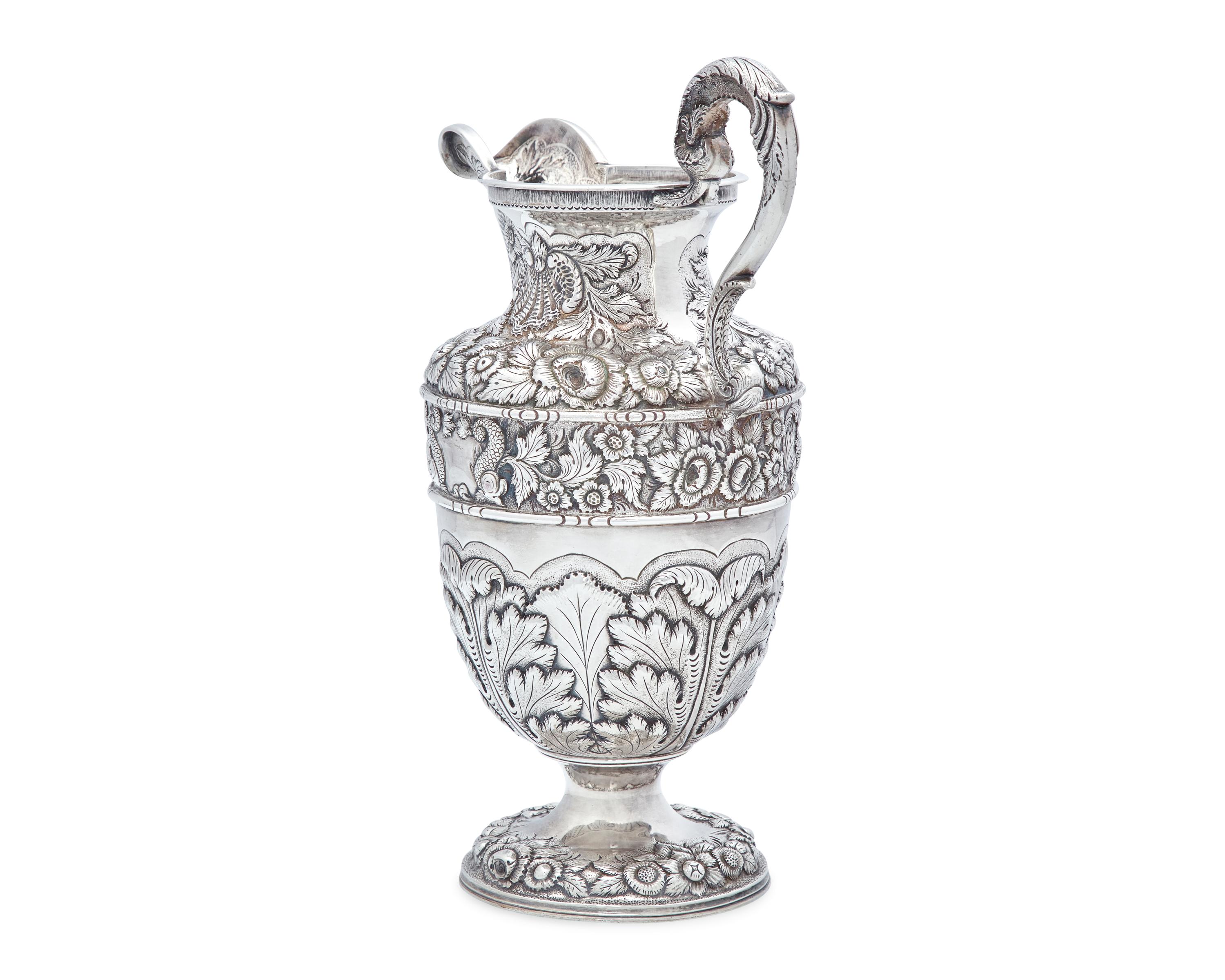 An Impressive Early Renaissance Revival Sterling Silver Repousse "Gilmor" Ewer
