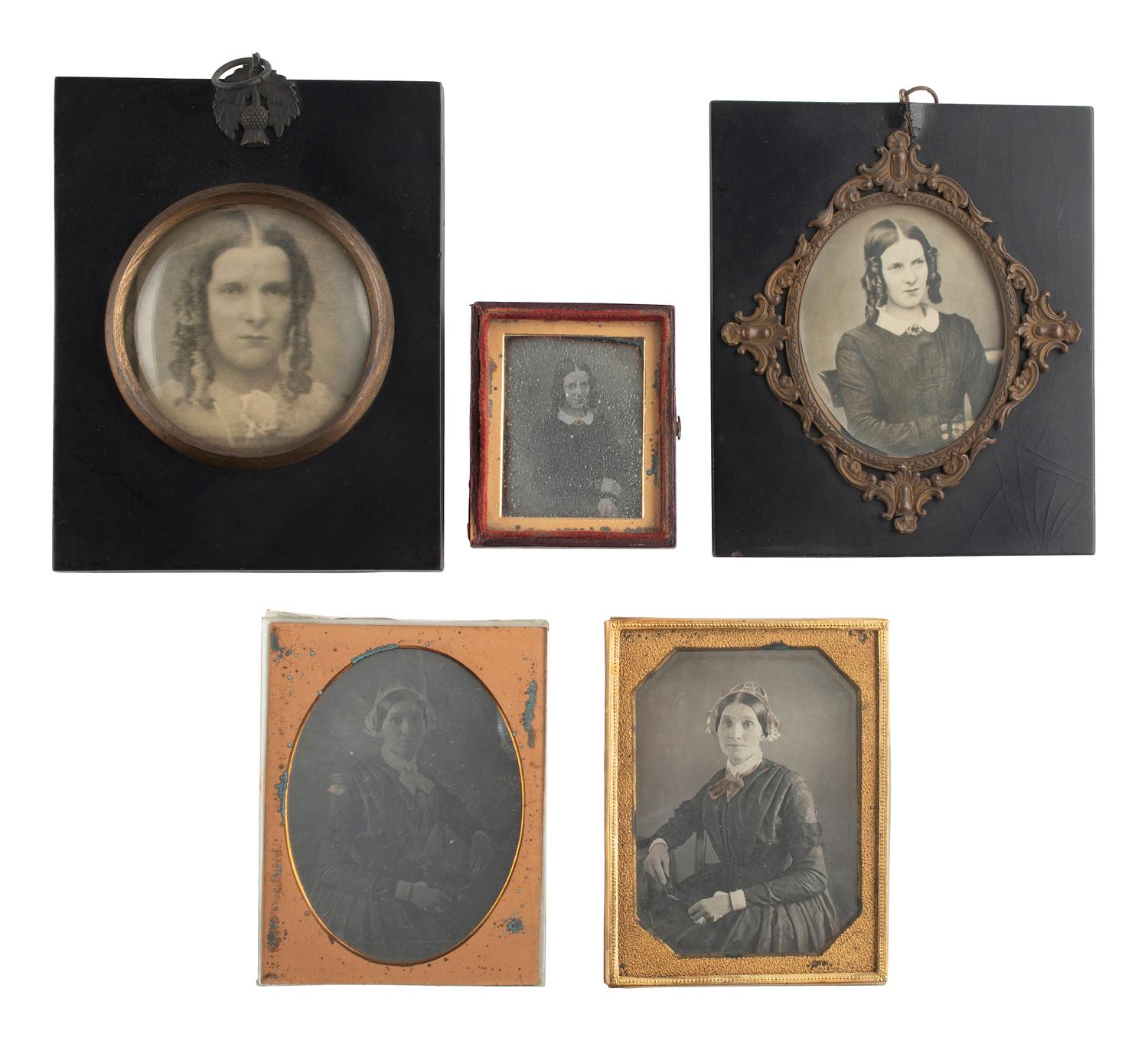 [EARLY PHOTOGRAPHY]. A collection of pairs and trios of portraits featuring the same male and female subjects, many likely copy images, including: