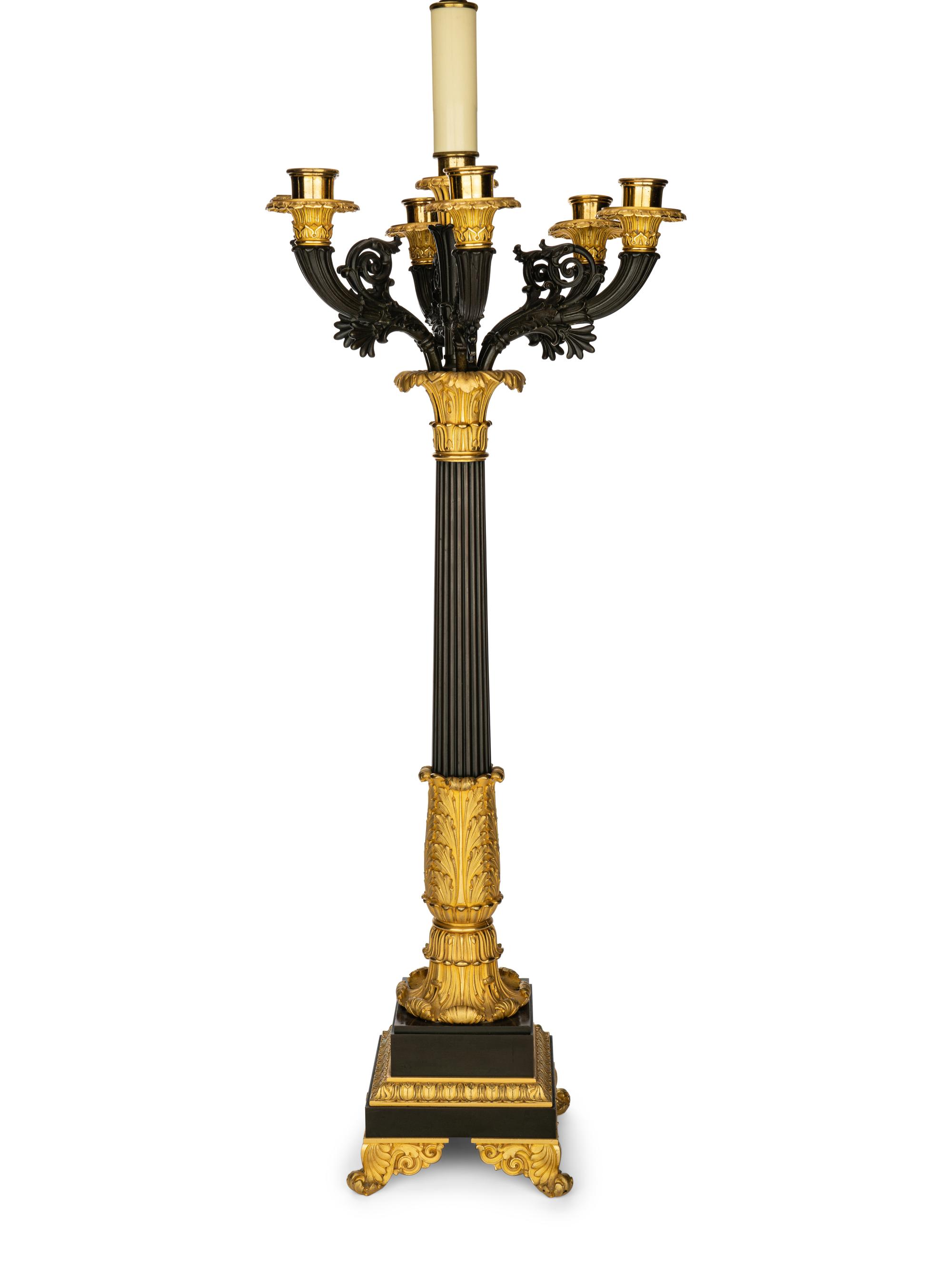 A Pair of Louis Philippe Gilt and Patinated Bronze Seven-Light Candelabra