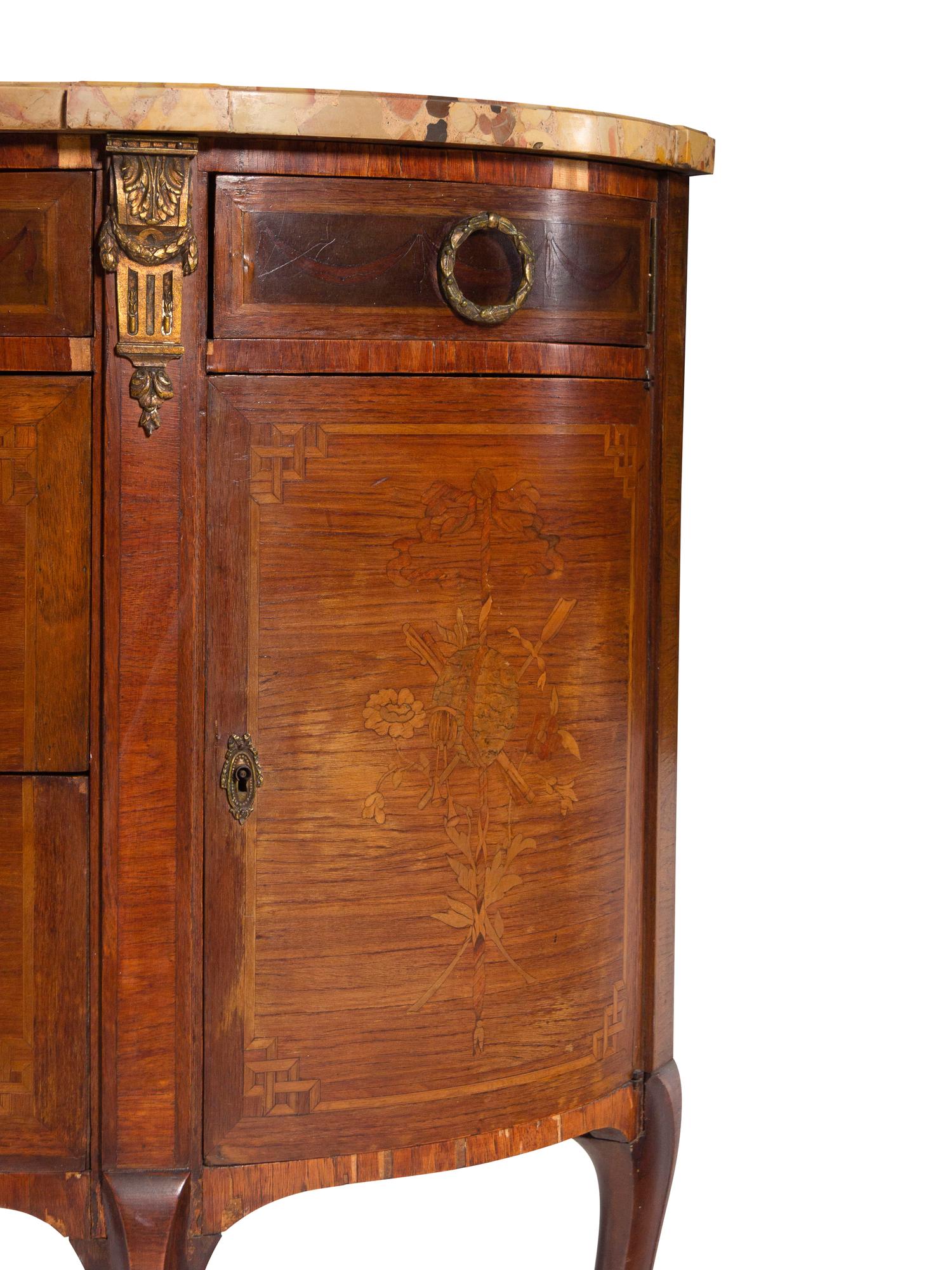 A Louis XV/XVI Transitional Style Marquetry Marble-Top Commode