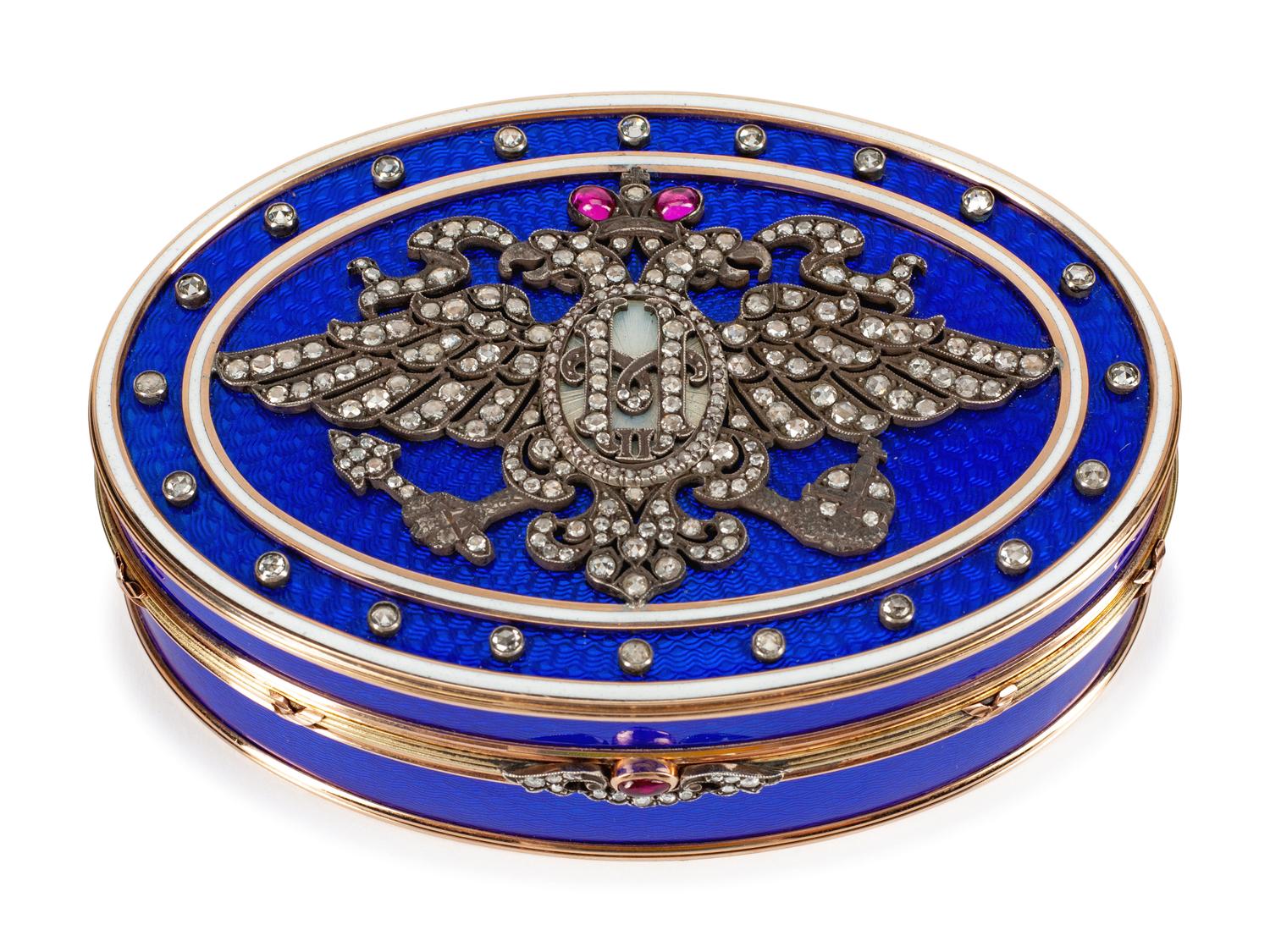 A Russian 18k Gold, Diamond and Enamel Snuff Box