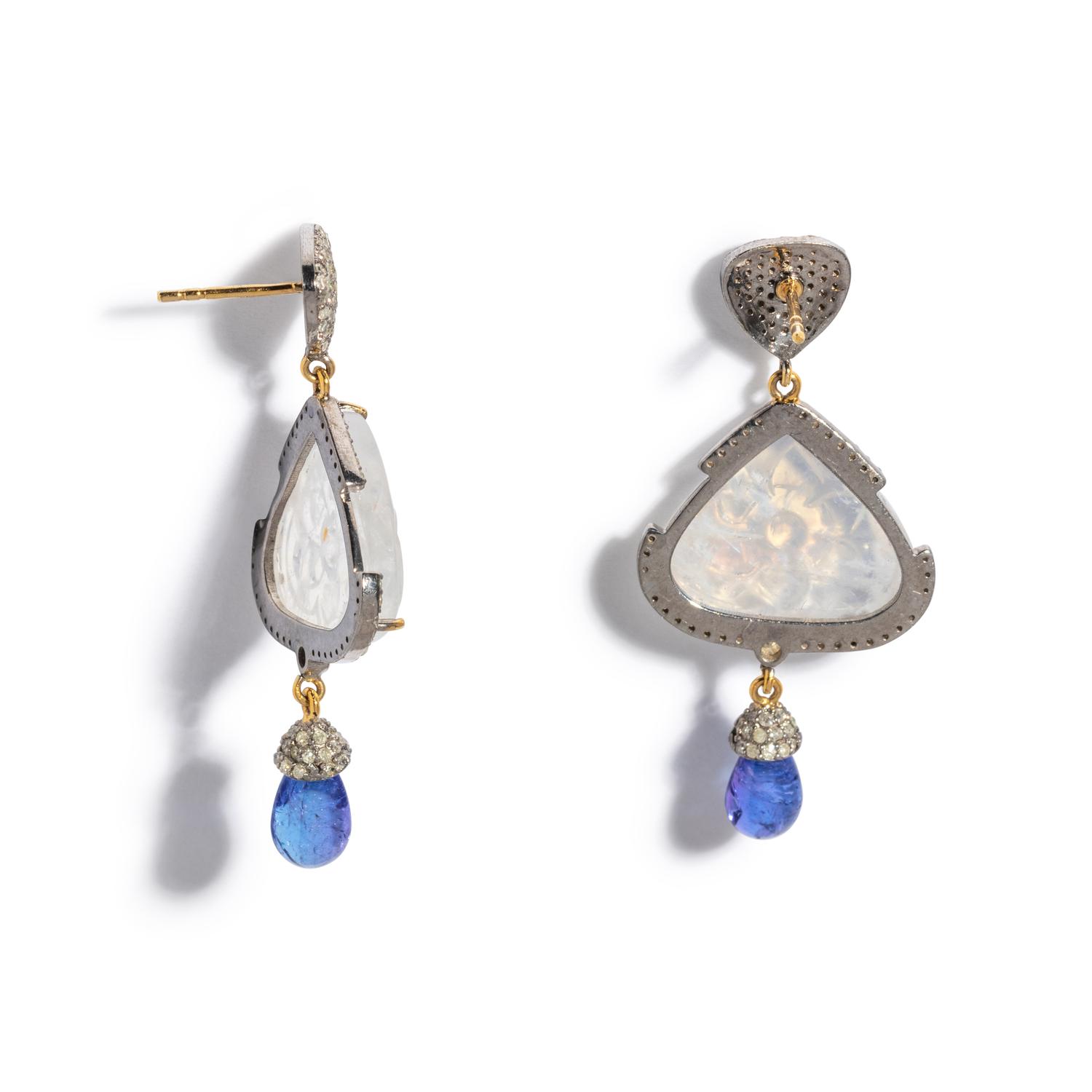 CARVED MOONSTONE, TANZANITE AND DIAMOND EARRINGS