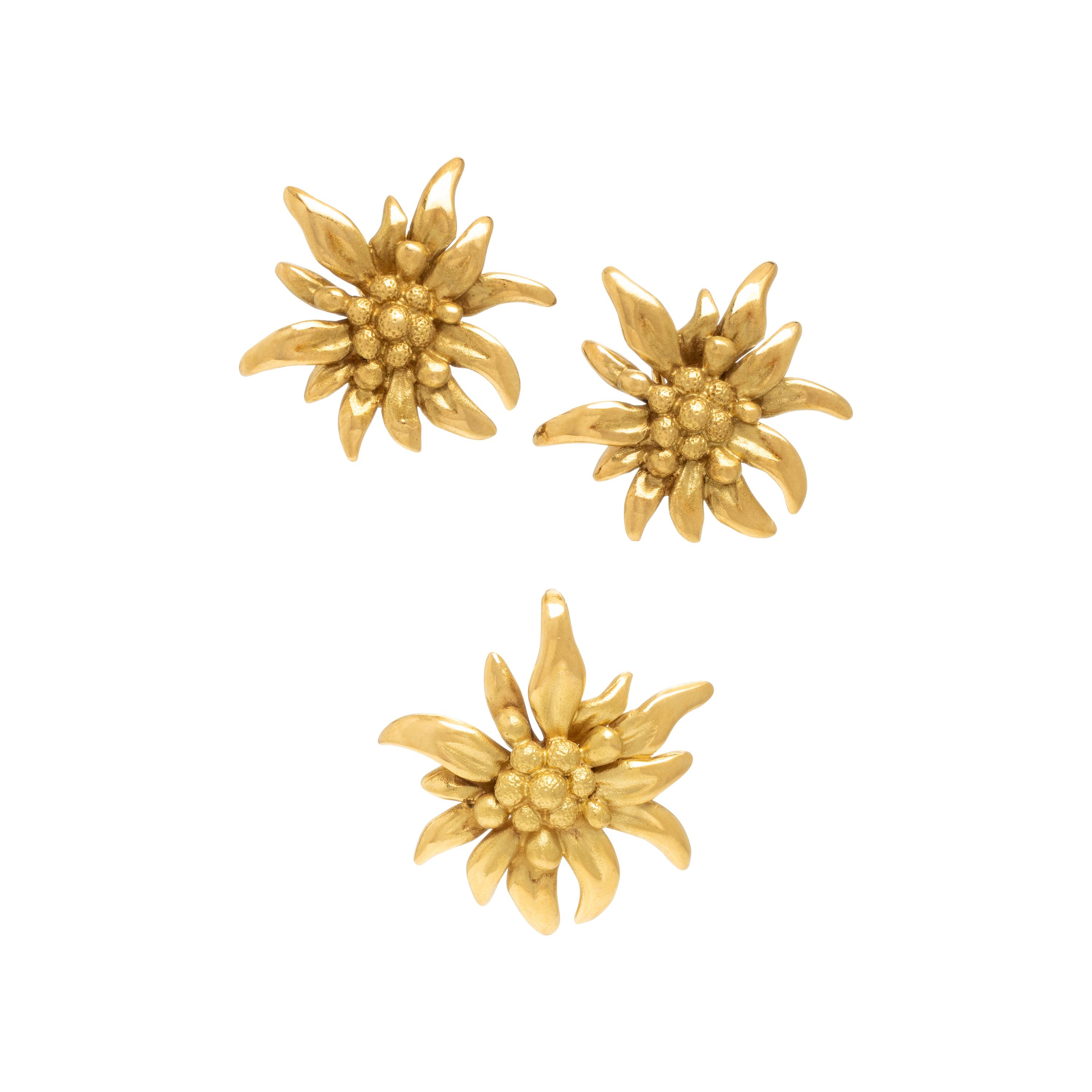 Yellow Gold Edelweiss Earrings and Pendant