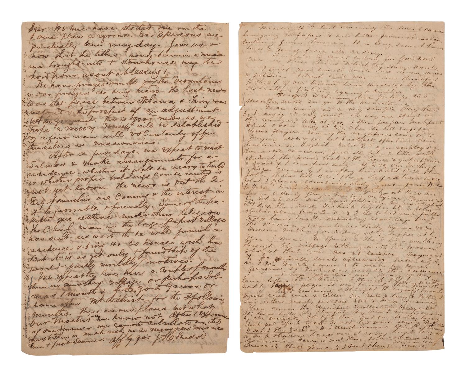 [RELIGION] -- SHEDD, Sarah Dawes (1836-1921). Archive featuring letters written by pioneering missionary Sarah Dawes Shedd while serving in modern-day Turkey, Iraq, and Iran, 1859-1893.