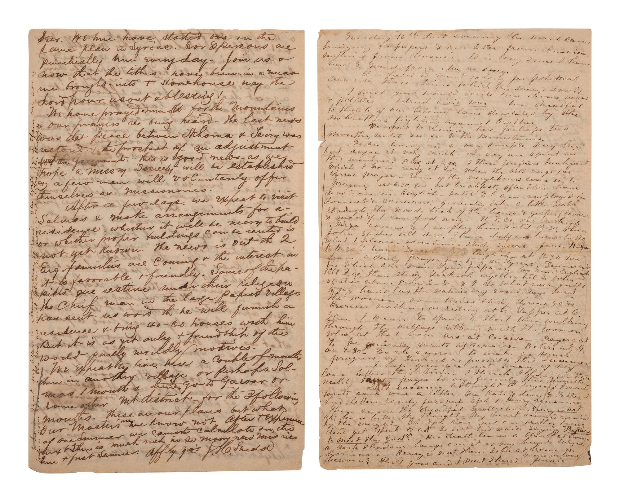 [RELIGION] -- SHEDD, Sarah Dawes (1836-1921). Archive featuring letters written by pioneering missionary Sarah Dawes Shedd while serving in modern-day Turkey, Iraq, and Iran, 1859-1893.