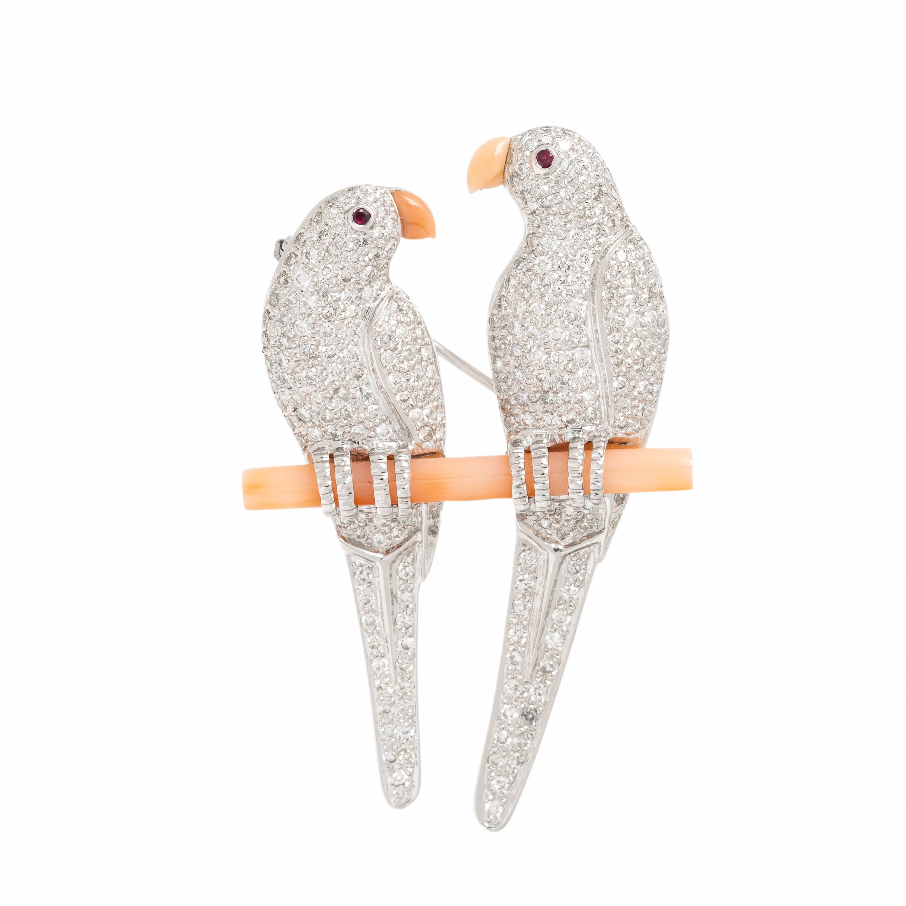 Diamond, Coral, and White Gold Lovebirds Brooch