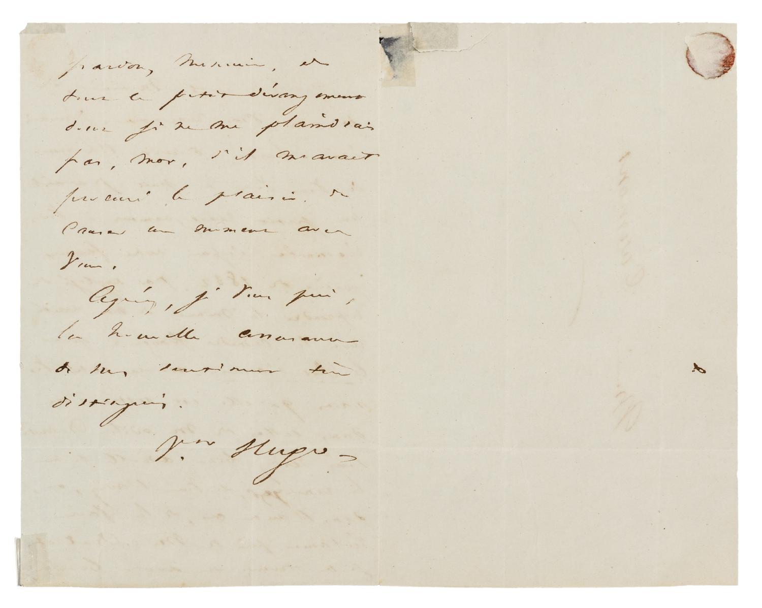 HUGO, Victor (1802-1885). Autograph letter signed ("Vr. Hugo"), to Mr. Durmont. N.p., n.d.