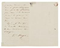 HUGO, Victor (1802-1885). Autograph letter signed ("Vr. Hugo"), to Mr. Durmont. N.p., n.d.
