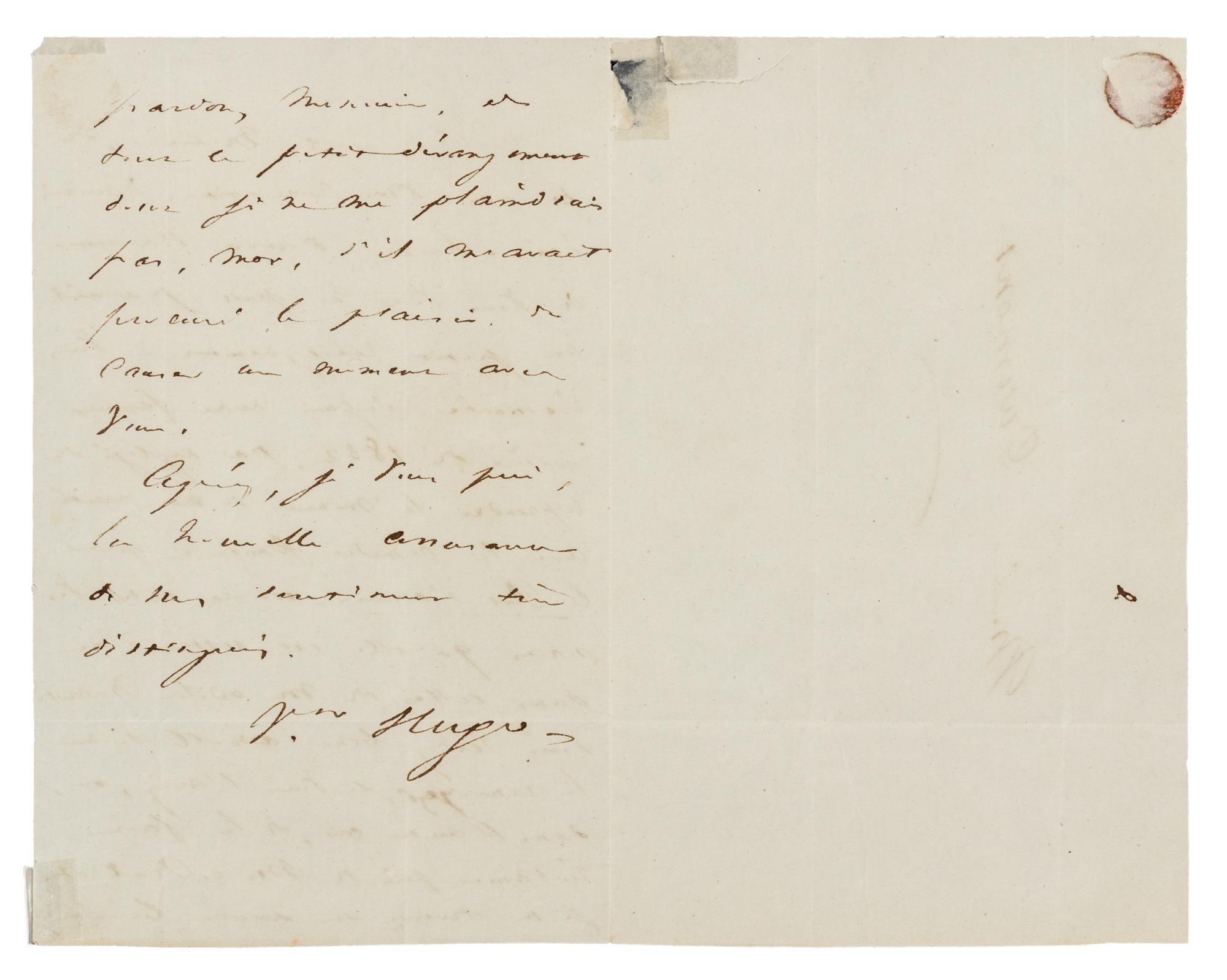 HUGO, Victor (1802-1885). Autograph letter signed ("Vr. Hugo"), to Mr. Durmont. N.p., n.d.