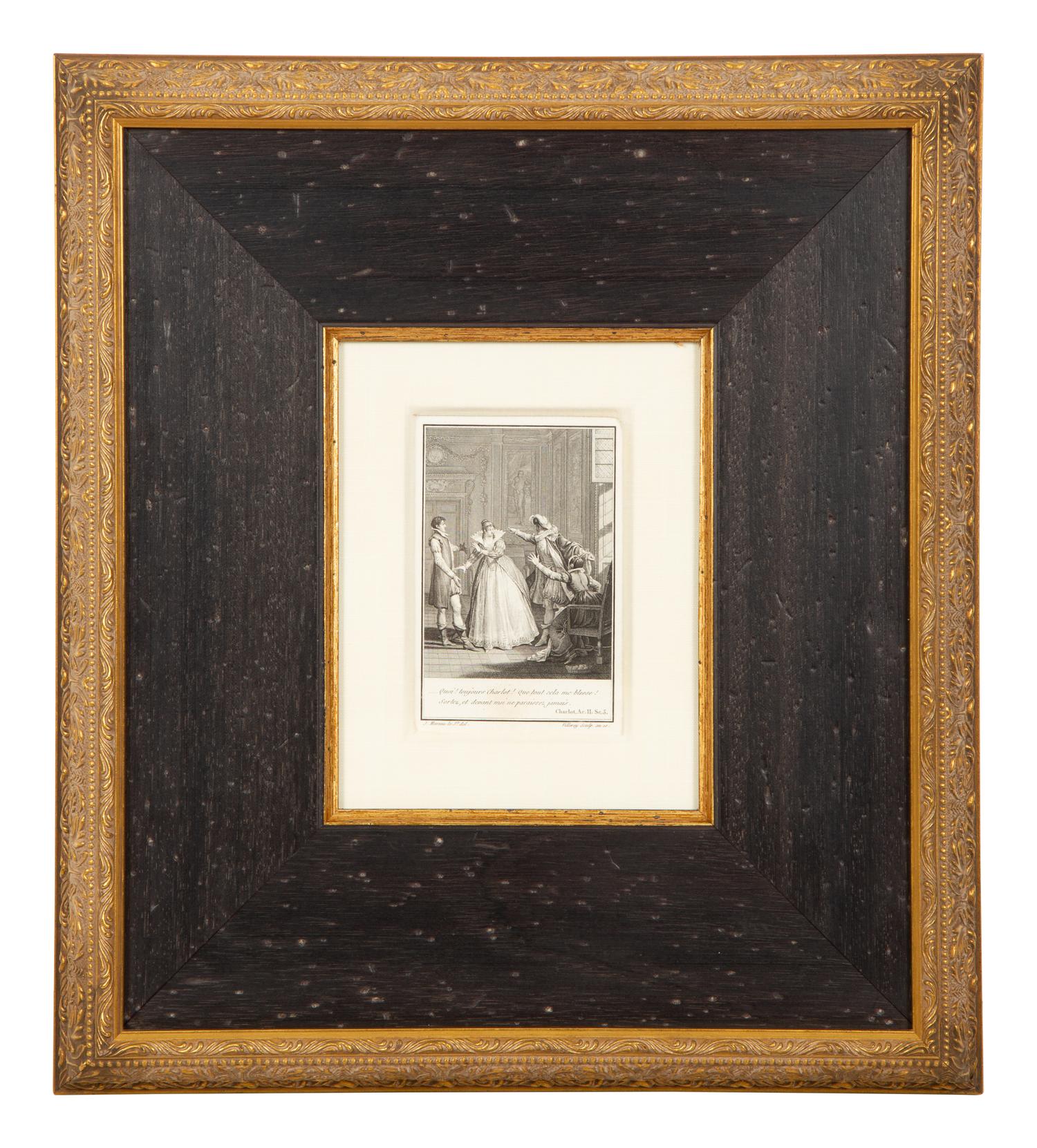 A Set of Four French Engravings of Courting Aristocrats in Ebonized and Giltwood Frames